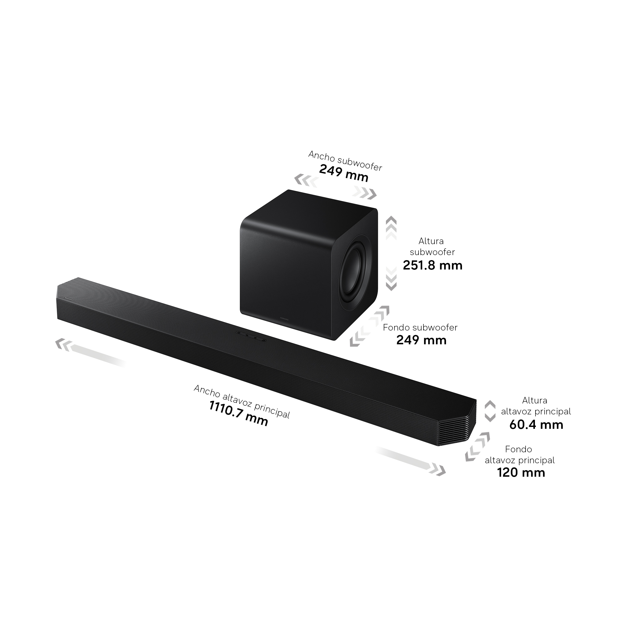 Barra de sonido y subwoofer negros con dimensiones.