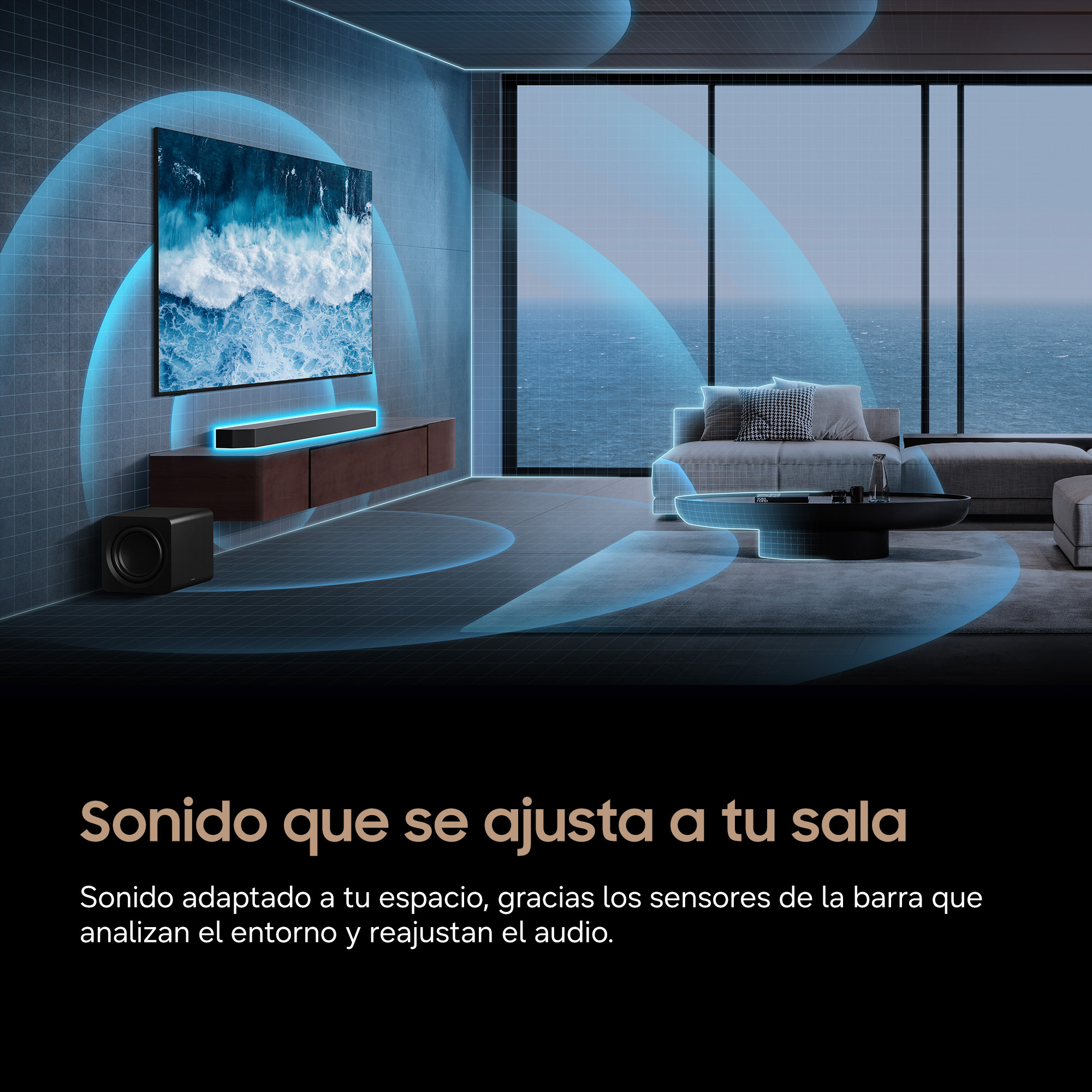 Sala moderna con TV, barra de sonido, subwoofer y vista al mar.