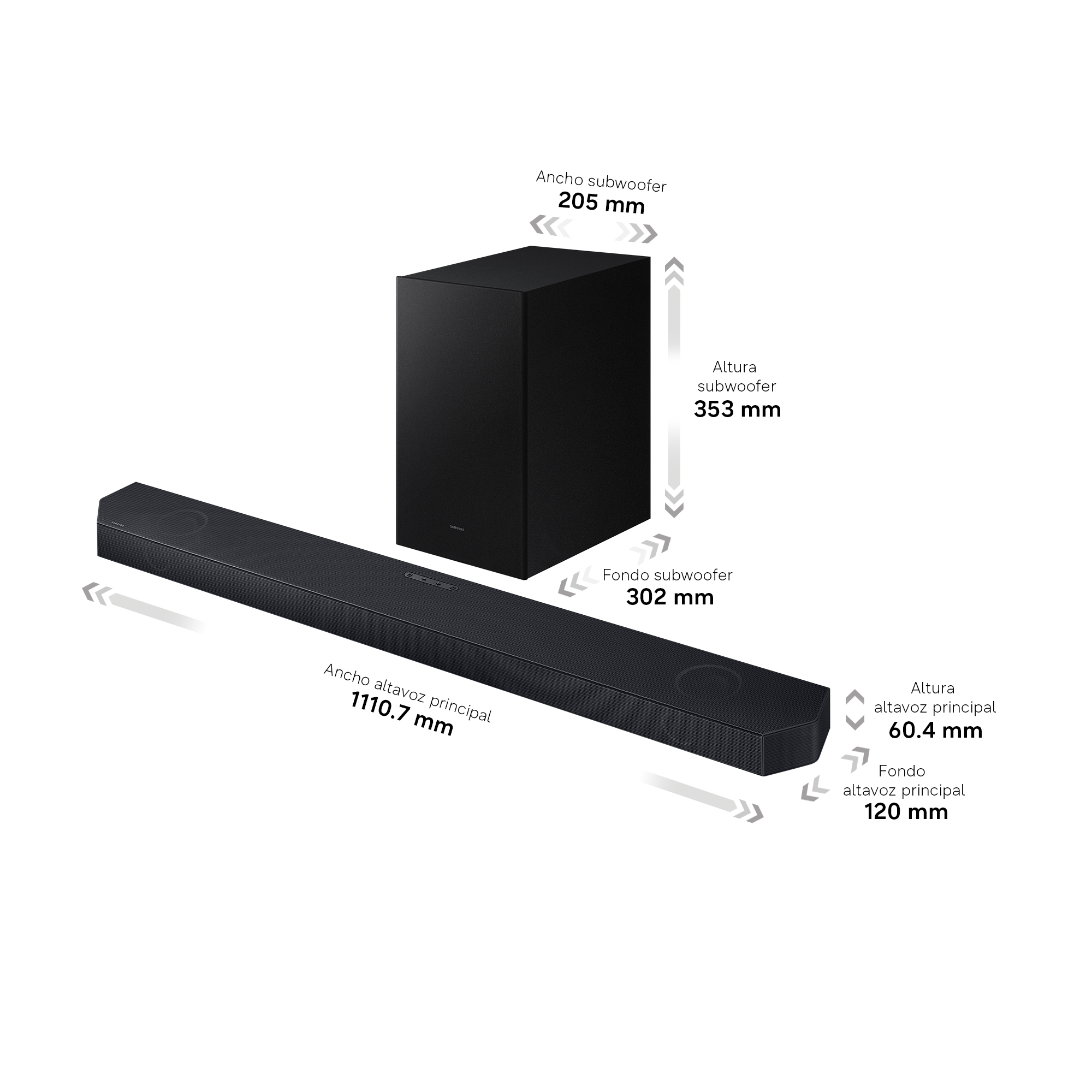 Barra de sonido y subwoofer negros con dimensiones. Ancho 1110.7, alto 60.4, fondo 120 mm. Subwoofer ancho 205, alto 353, fondo 302 mm.