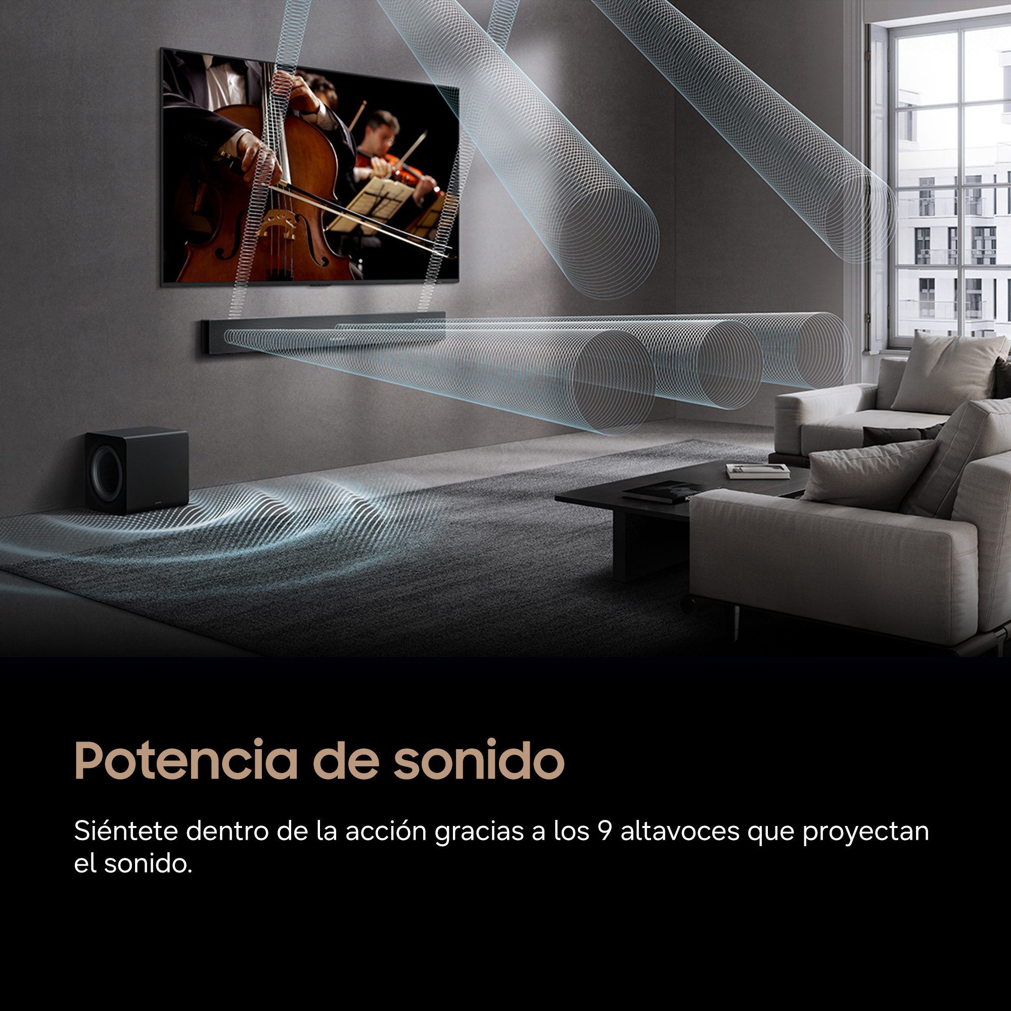 Una sala de estar con un televisor mostrando músicos y un sistema de altavoces.