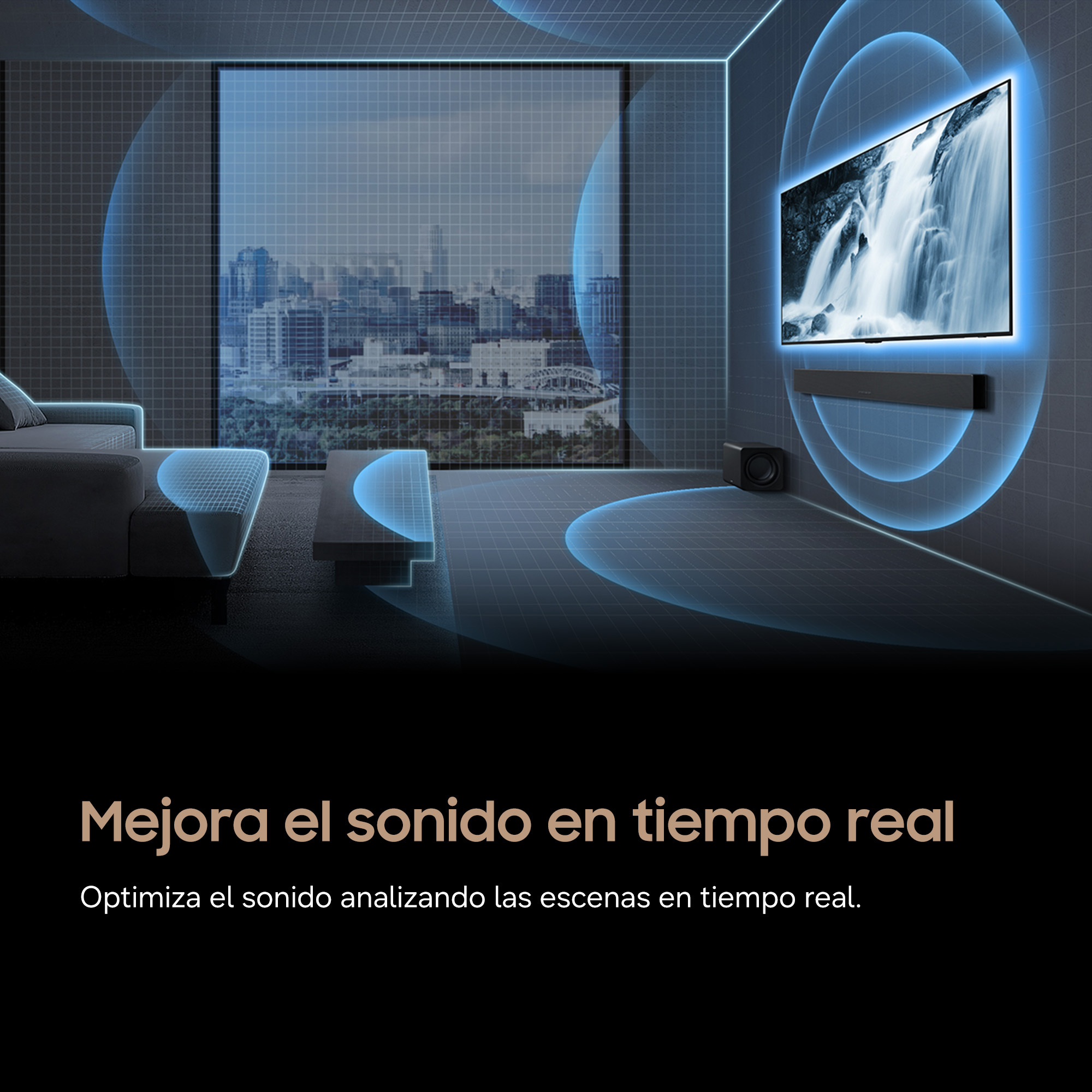 Sala de estar moderna con TV mostrando una cascada y ondas sonoras.
