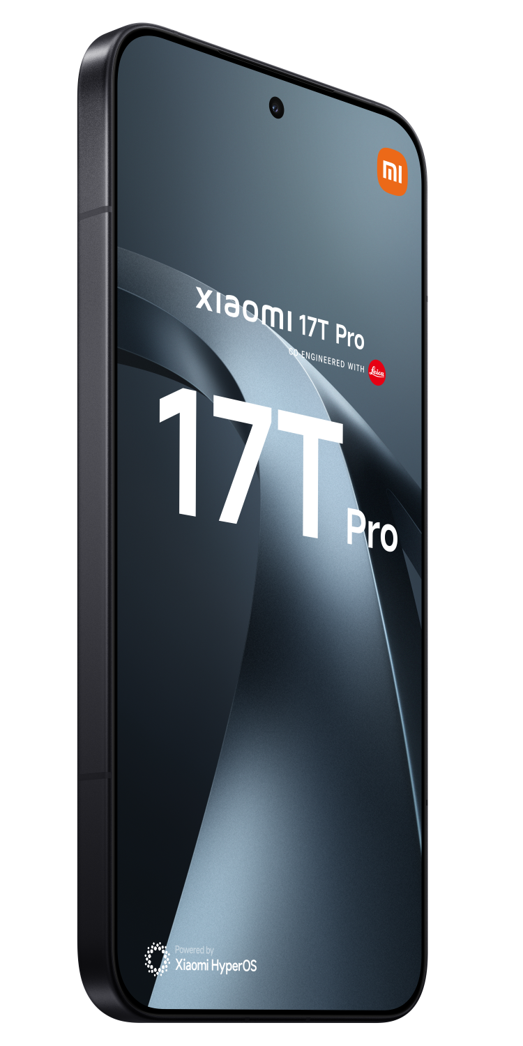 Ciemny smartfon Xiaomi 17T Pro z logo Leica i napisem HyperOS.