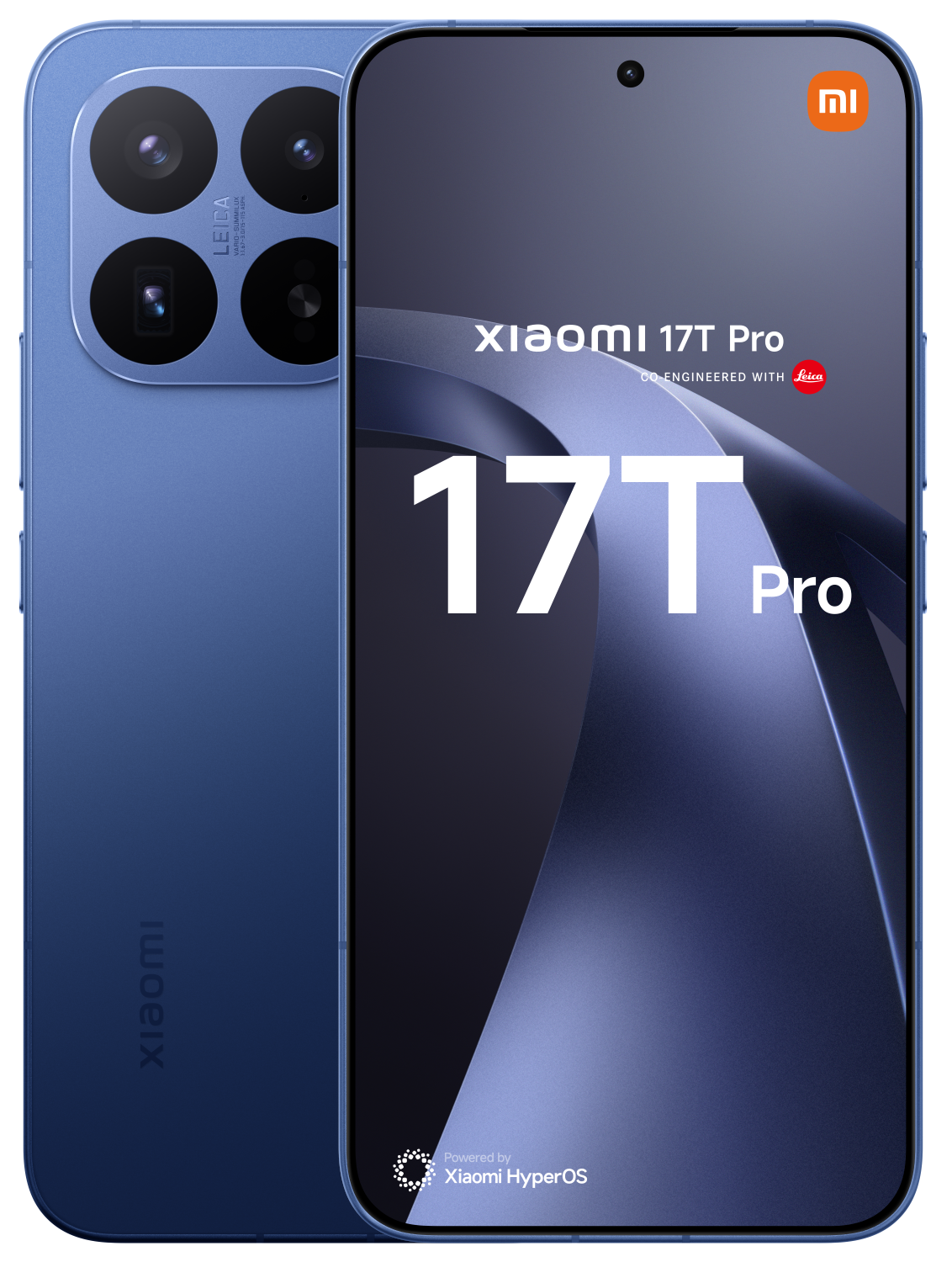 Niebieski smartfon Xiaomi 17T Pro z aparatem Leica i logo HyperOS.