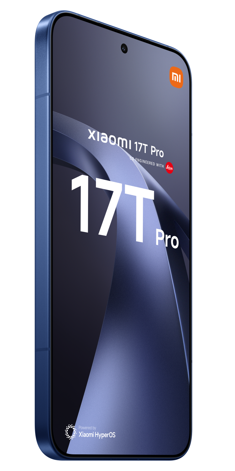 Niebieski telefon Xiaomi 17T Pro z napisem '17T Pro' i logo Leica.