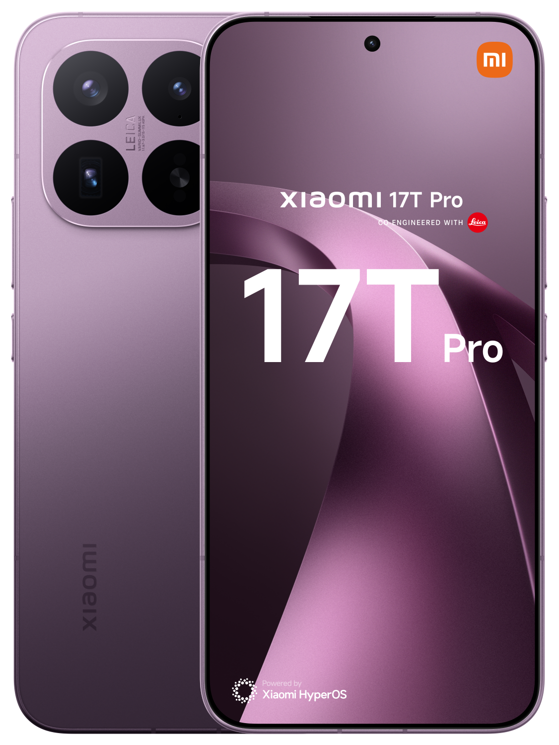 Fioletowy smartfon Xiaomi 17T Pro z aparatem Leica i Xiaomi HyperOS.