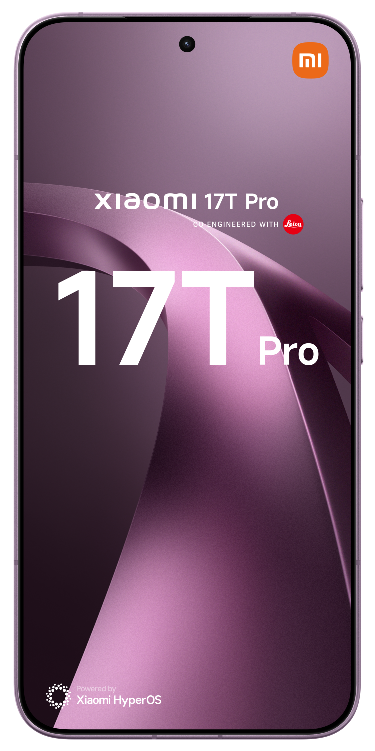 Fioletowy smartfon Xiaomi 17T Pro z logo Leica i Xiaomi HyperOS.