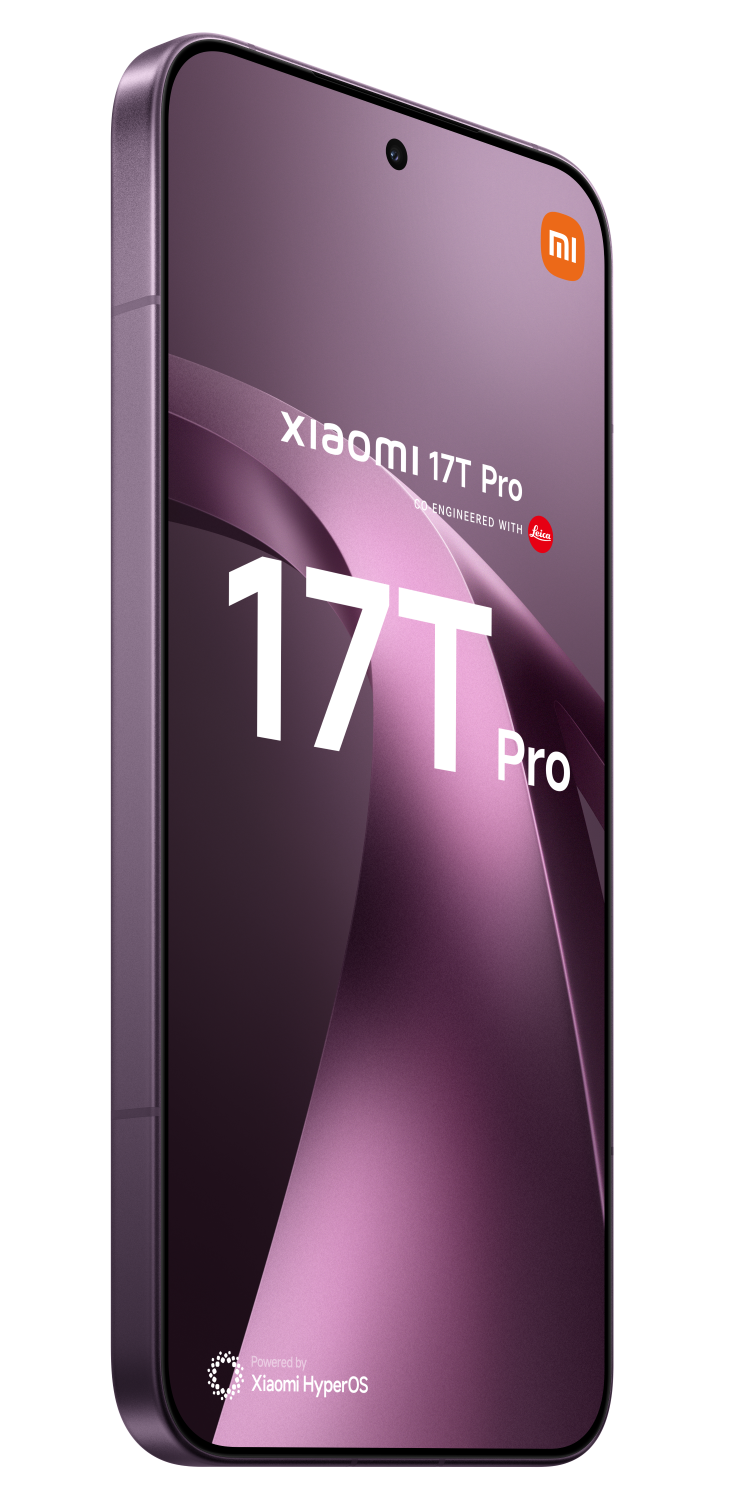 Fioletowy smartfon Xiaomi 17T Pro z logo Leica i Xiaomi HyperOS.