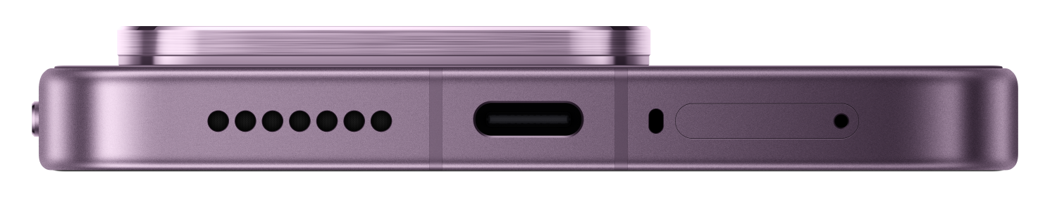 Spód fioletowego smartfona z otworami głośnikowymi, portem USB-C i gniazdem SIM.