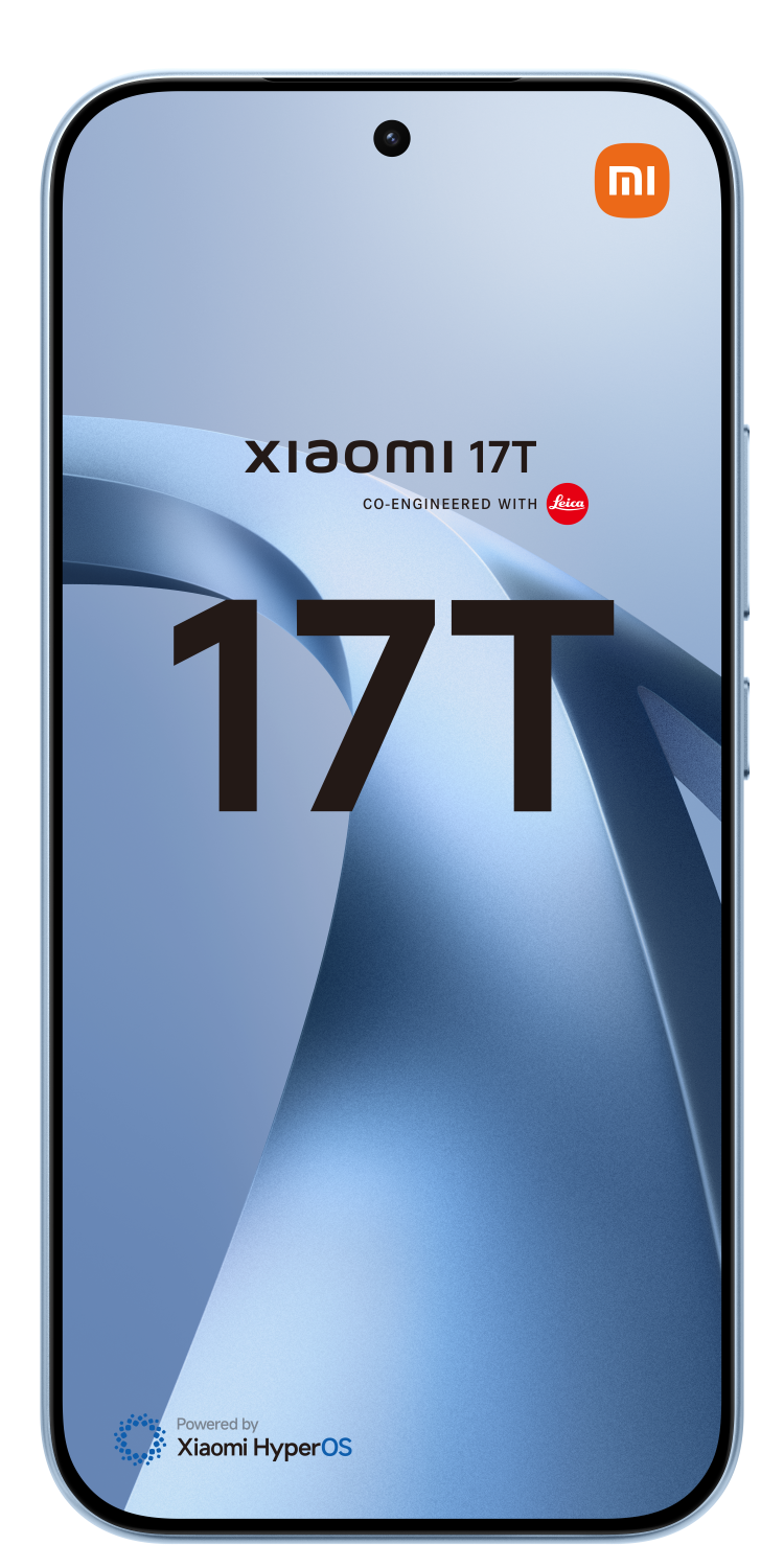 Smartfon Xiaomi 17T we współpracy z Leica na niebieskim tle.