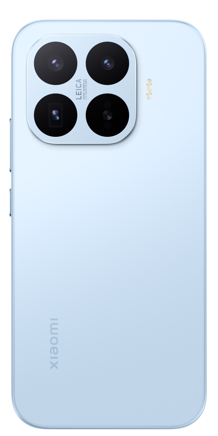 Jasnoniebieski tył telefonu Xiaomi z modułem poczwórnego aparatu i marką Leica.