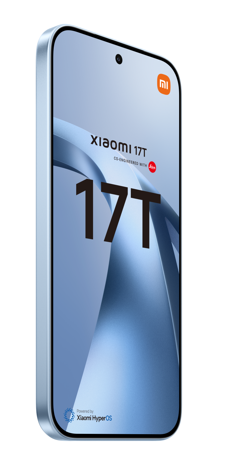 Jasnoniebieski telefon Xiaomi 17T o minimalistycznym designie z dużym napisem "17T".