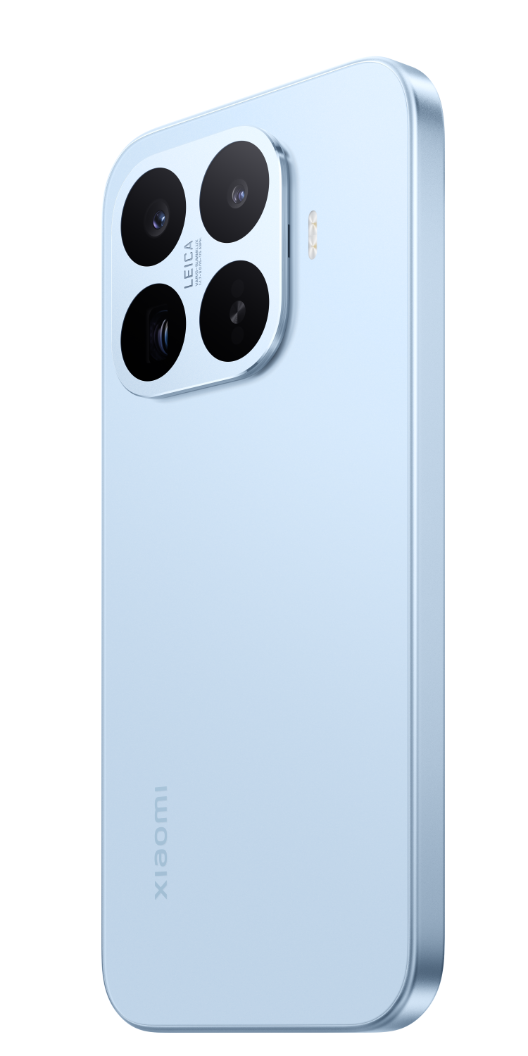 Jasnoniebieski smartfon z modułem kamery Leica i logo Xiaomi.