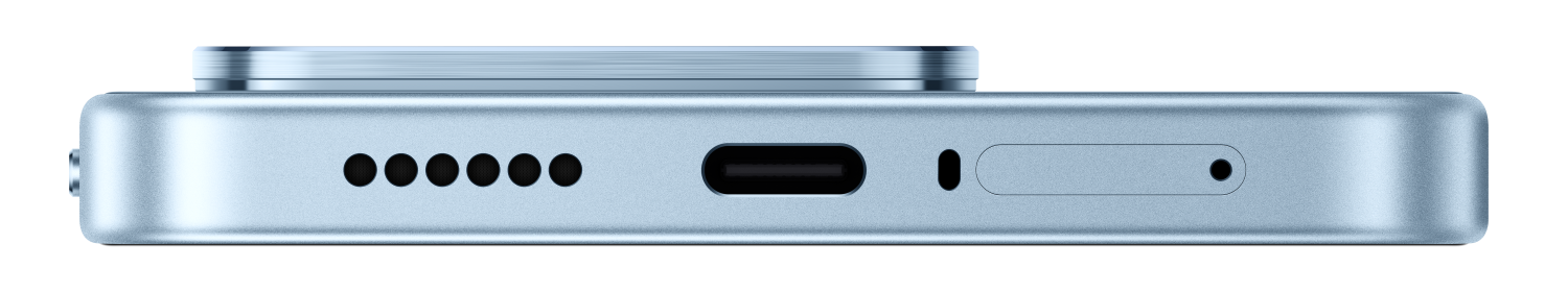 Widok z góry jasnoniebieskiego smartfona z grillem głośnika, portem USB-C i tacą SIM.