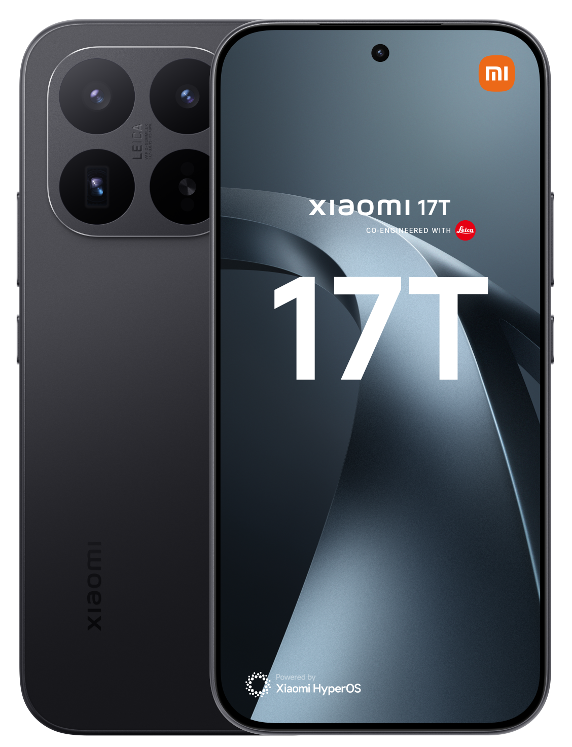 Ciemnoszary smartfon Xiaomi 17T z aparatem Leica i dużym ekranem.