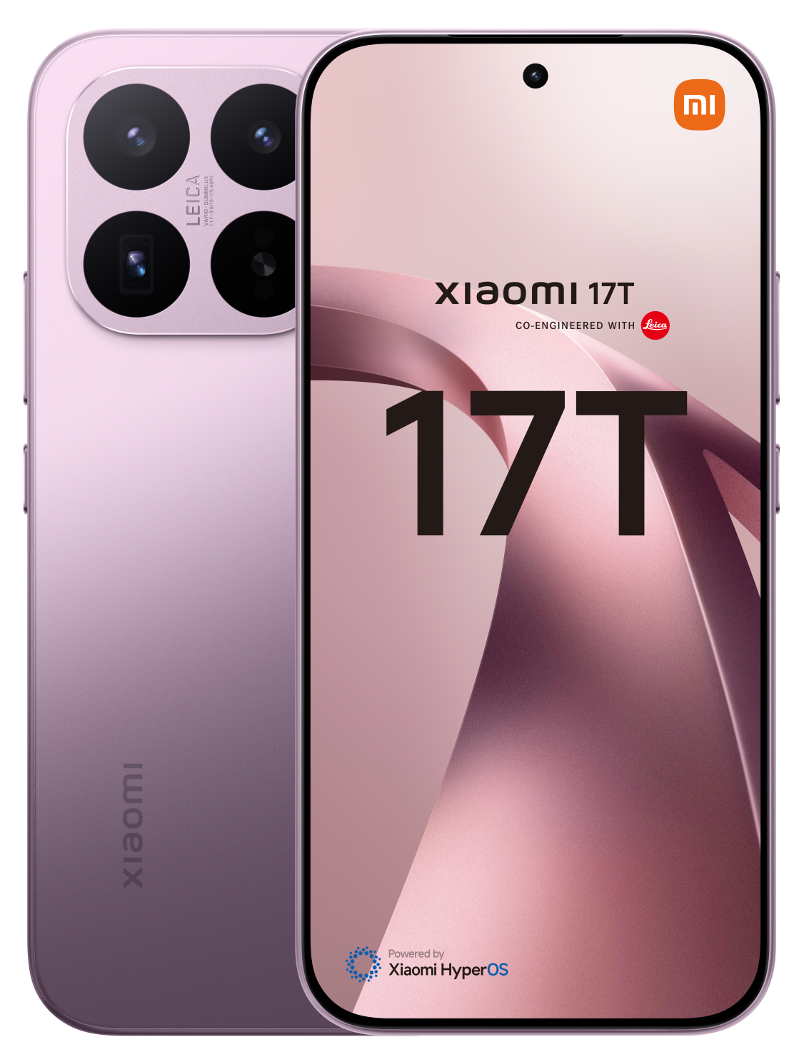 Fioletowy smartfon Xiaomi 17T z aparatem Leica i systemem Xiaomi HyperOS.