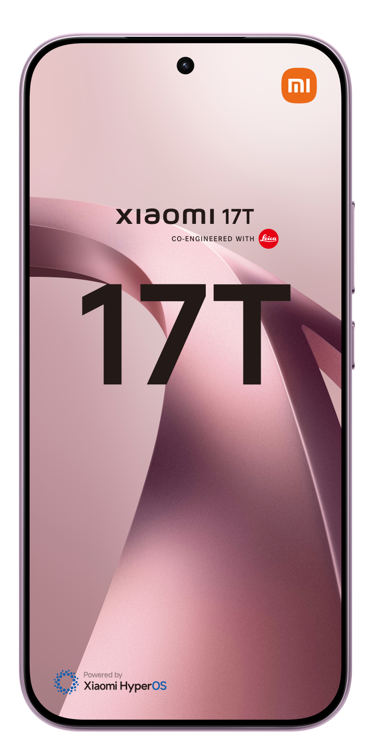 Telefon Xiaomi 17T z logo Leica i Xiaomi HyperOS. 17T dużą czcionką.