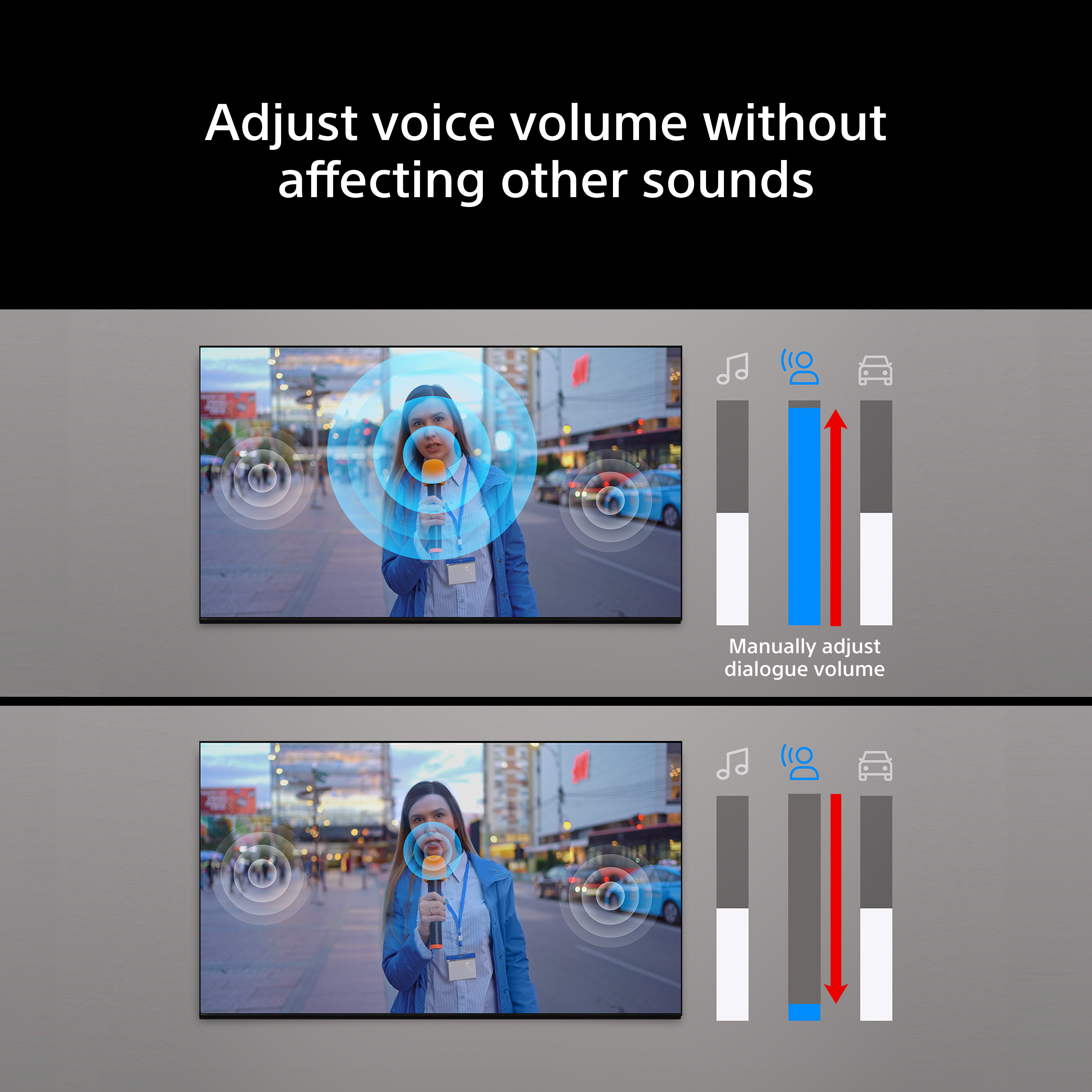 Femme avec micro, curseurs pour dialogue, musique et voitures.