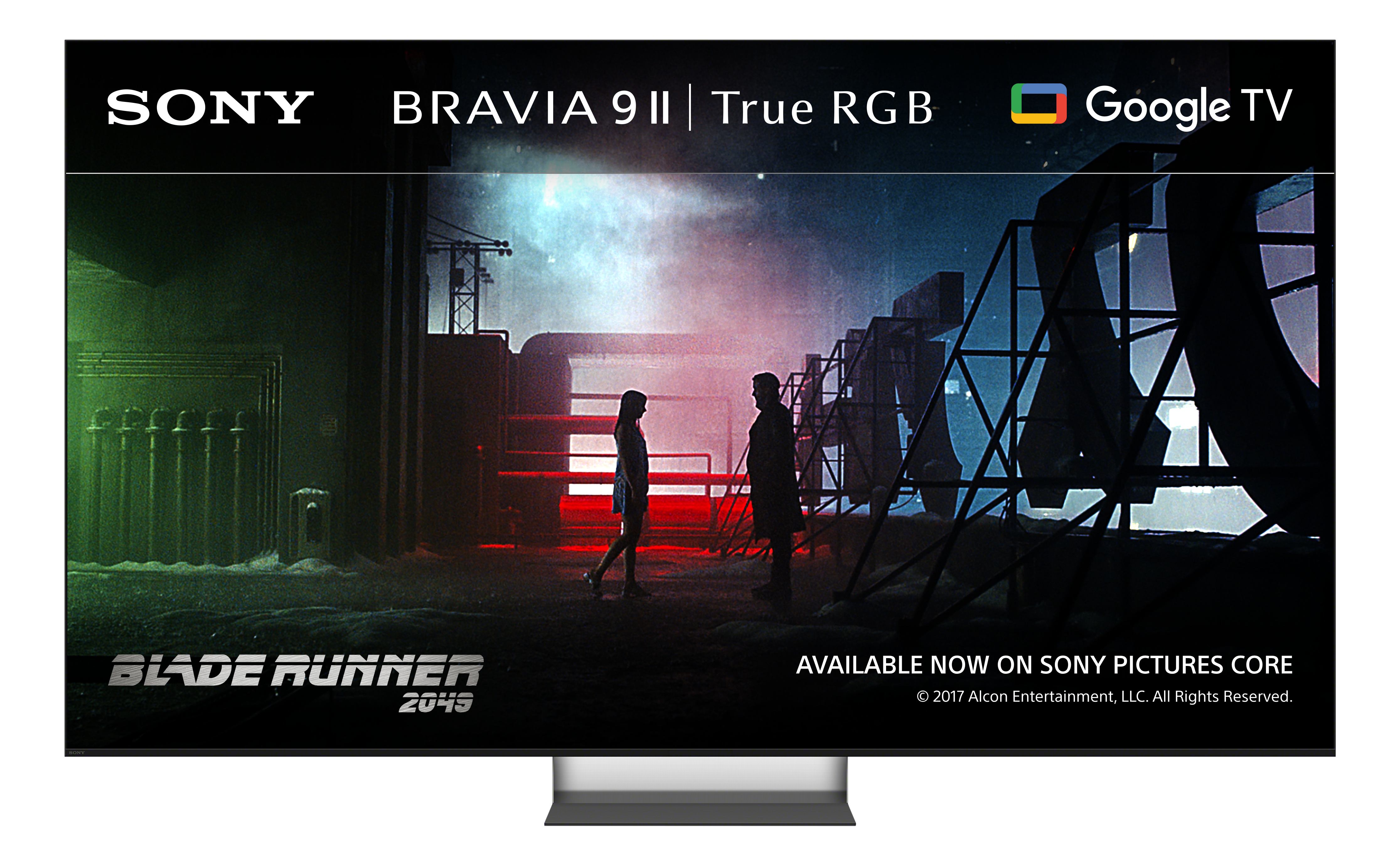 Sony Bravia 9 II con poster Blade Runner 2049, due silhouette su sfondo fumoso.