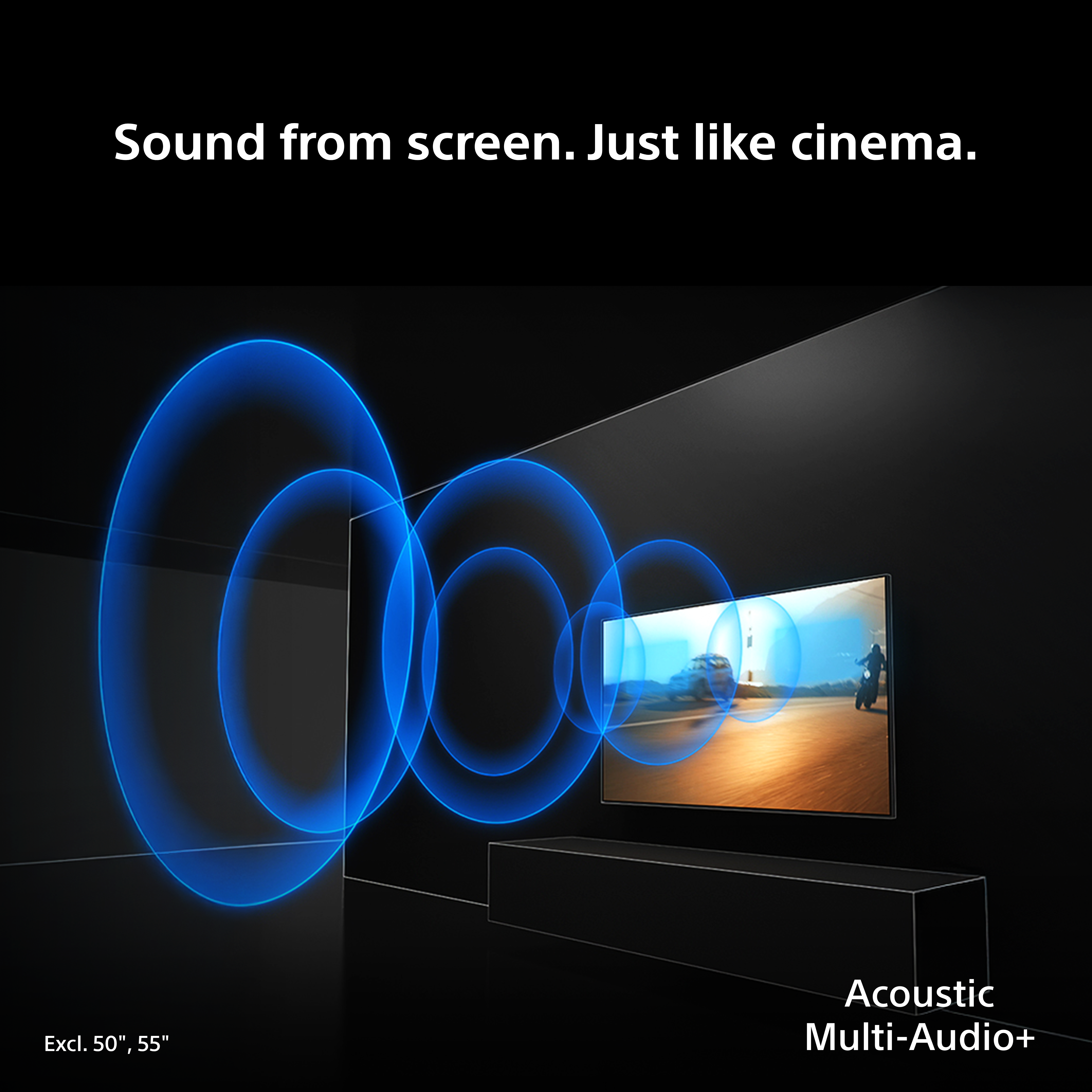 Una TV che mostra una moto con onde sonore blu che emanano dallo schermo.