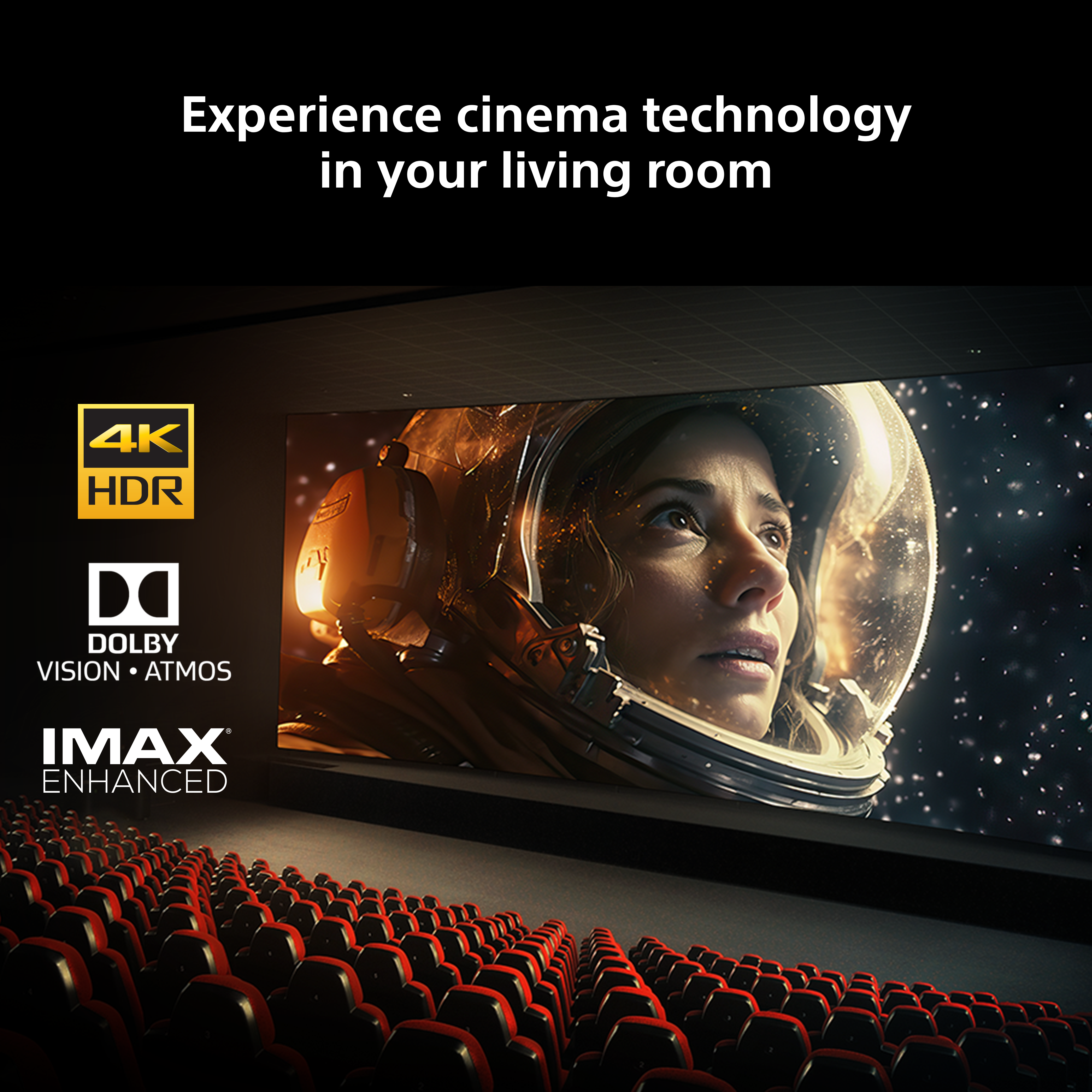 Sala cinematografica con sedili rossi e astronauta sullo schermo.