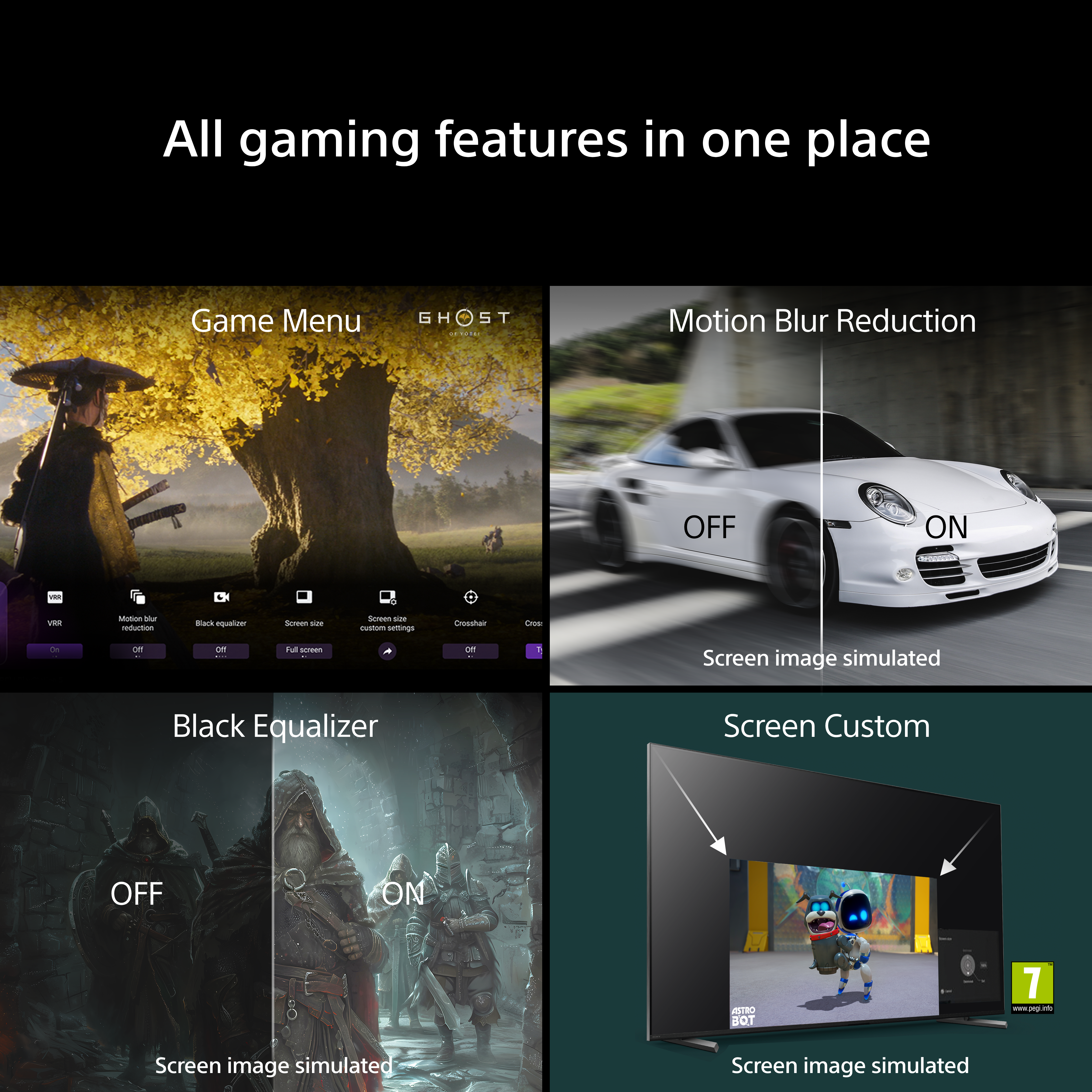 Quattro funzionalità di gioco: Menu di gioco, riduzione sfocatura, equalizzatore nero, schermo personalizzato.