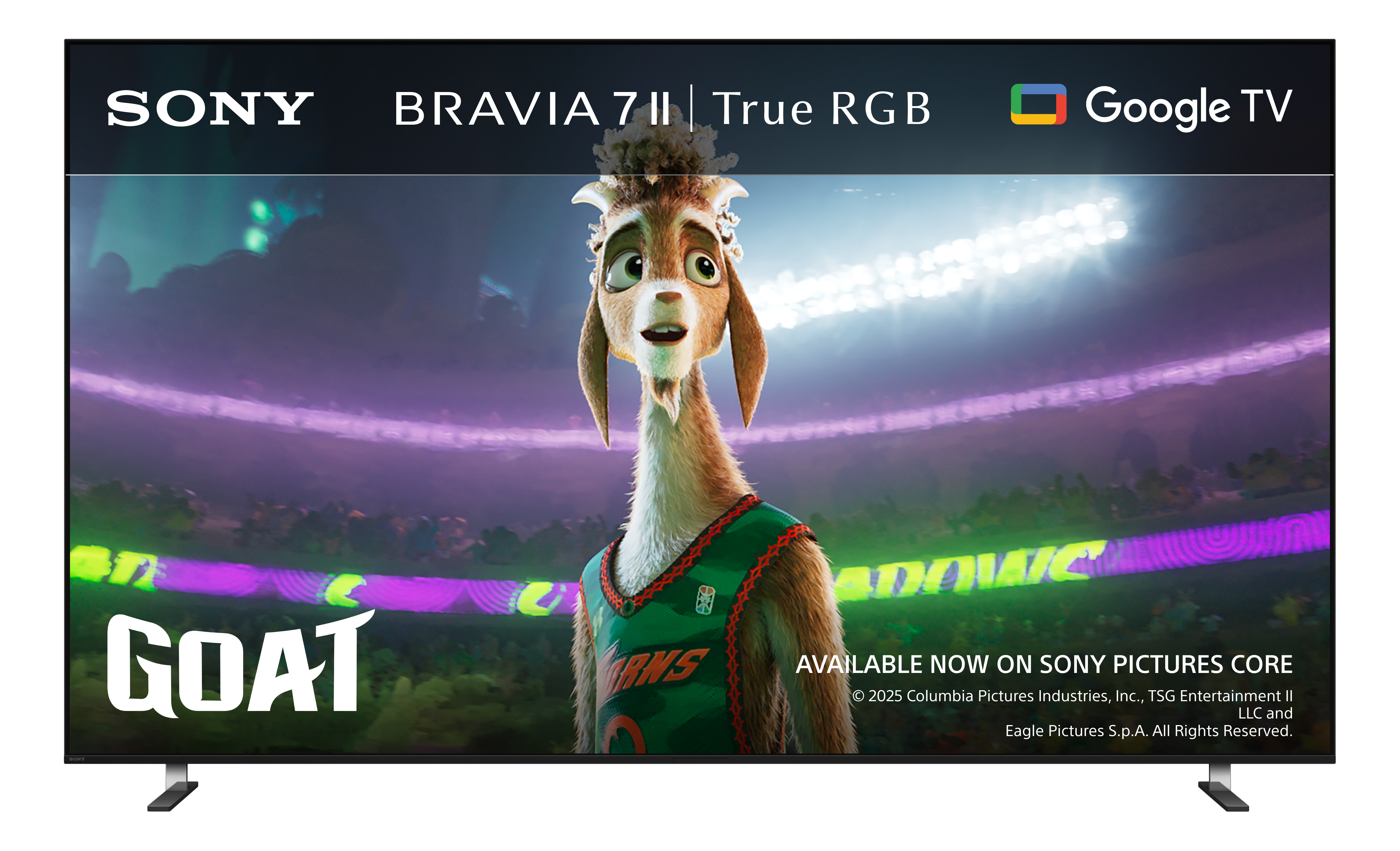 Capra animata in maglia da basket su schermo che mostra Sony Bravia 7 II, Google TV.