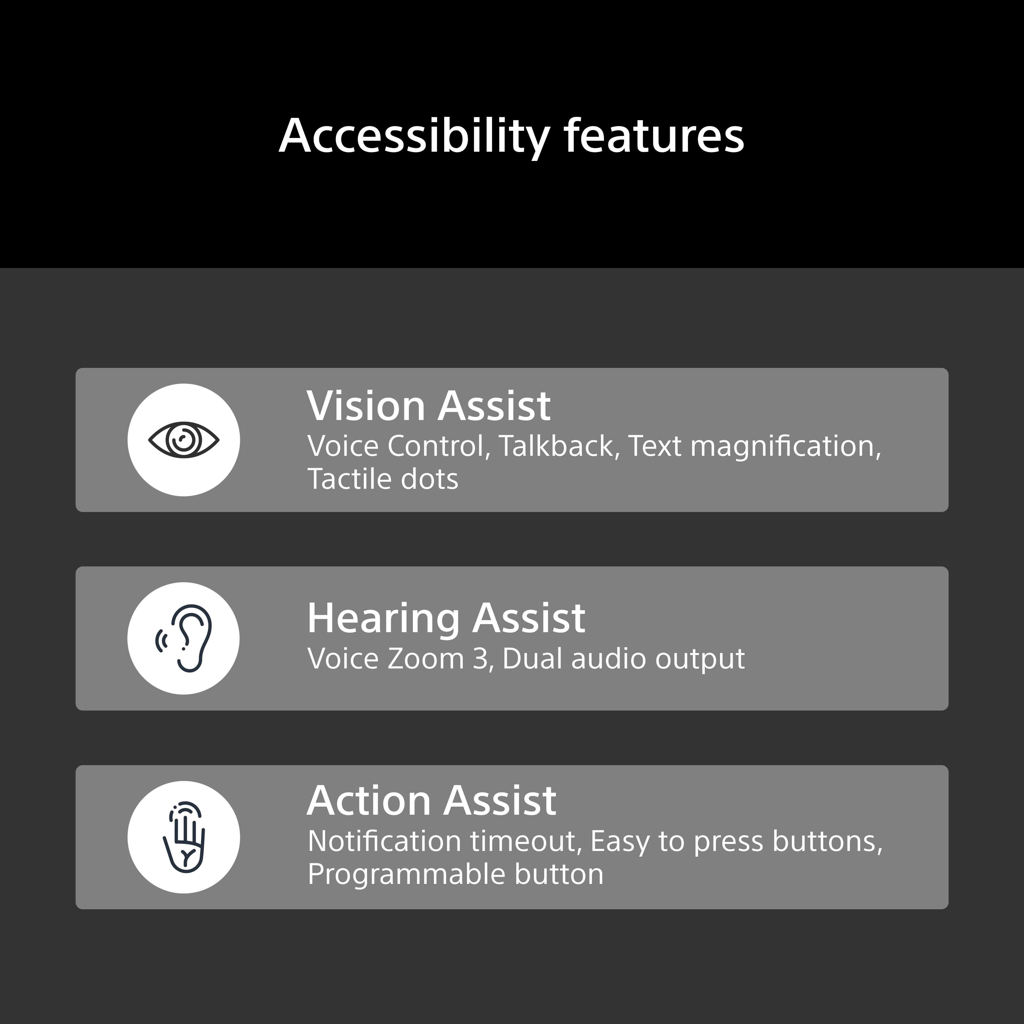 Funzioni di accessibilità: Assistenza visiva, uditiva e azione.