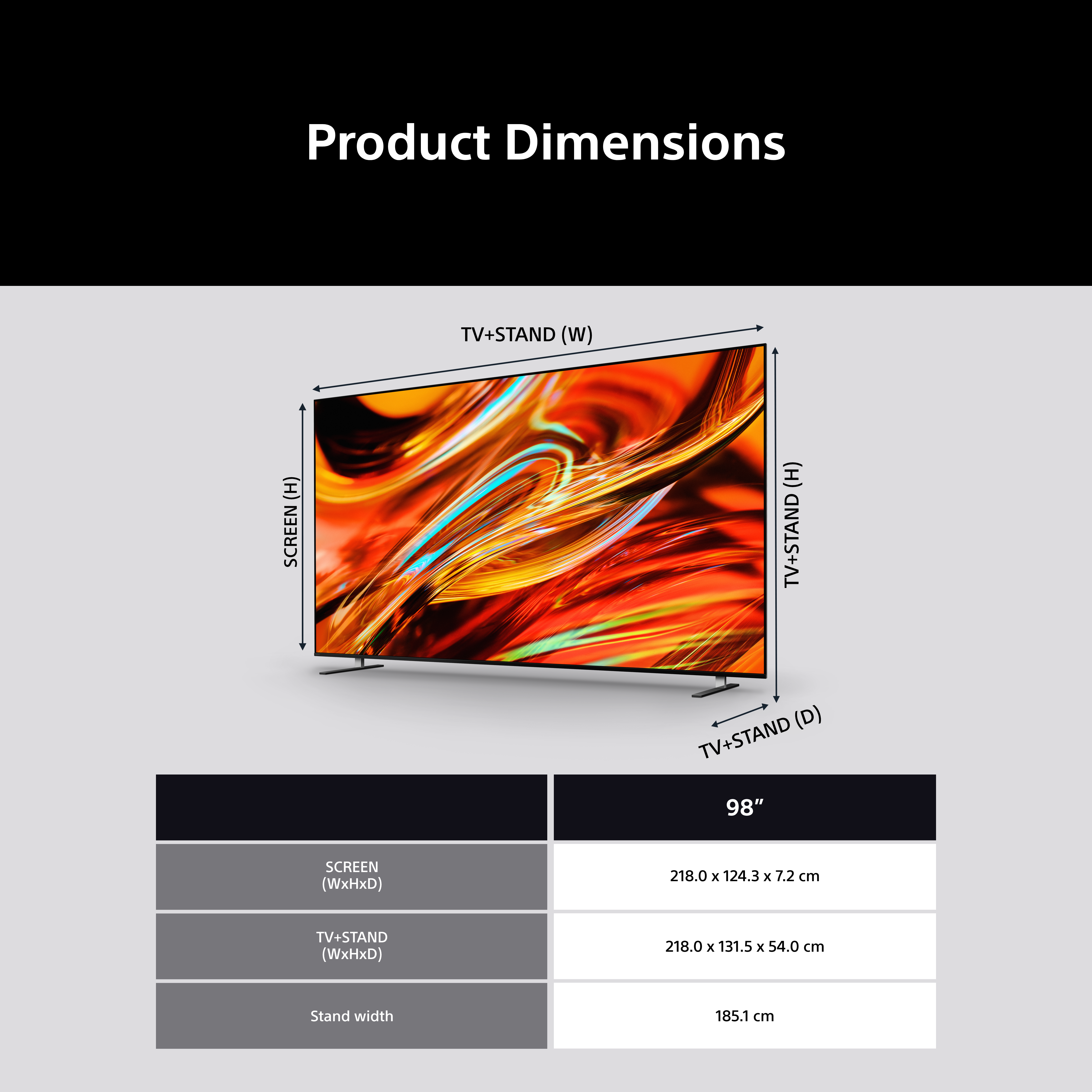 Dimensioni di una TV da 98 pollici con supporto e schermo.