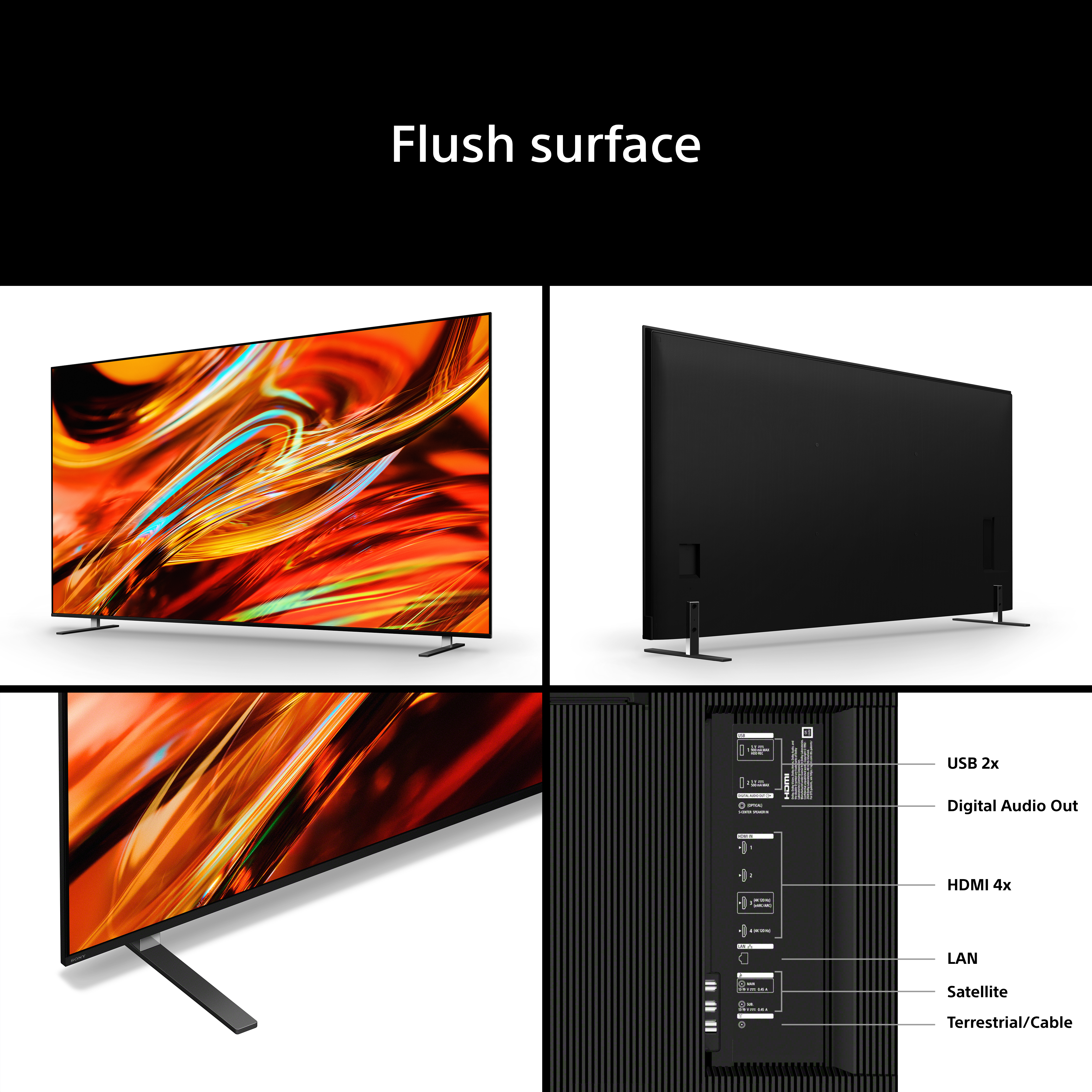 Una TV moderna con schermo vibrante e porte sul retro.