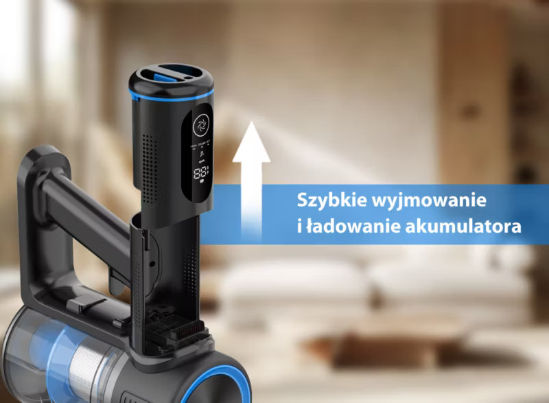 Czarny odkurzacz bezprzewodowy z niebieskimi akcentami i cyfrowym wyświetlaczem.