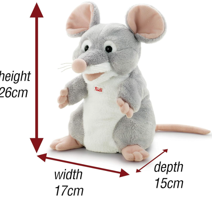 Grauer Plüschtier-Maus mit weißem Bauch, 26cm hoch.