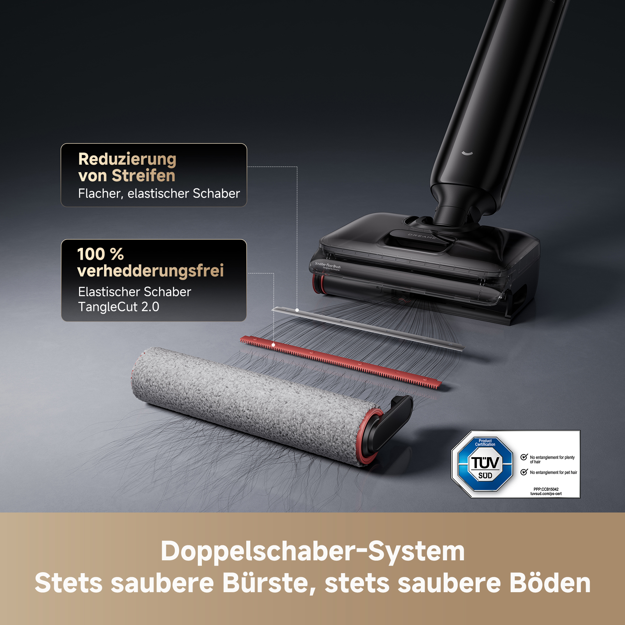 Staubsaugerbürste mit TangleCut 2.0. Reduziert Streifen & Haare. TÜV zertifiziert.