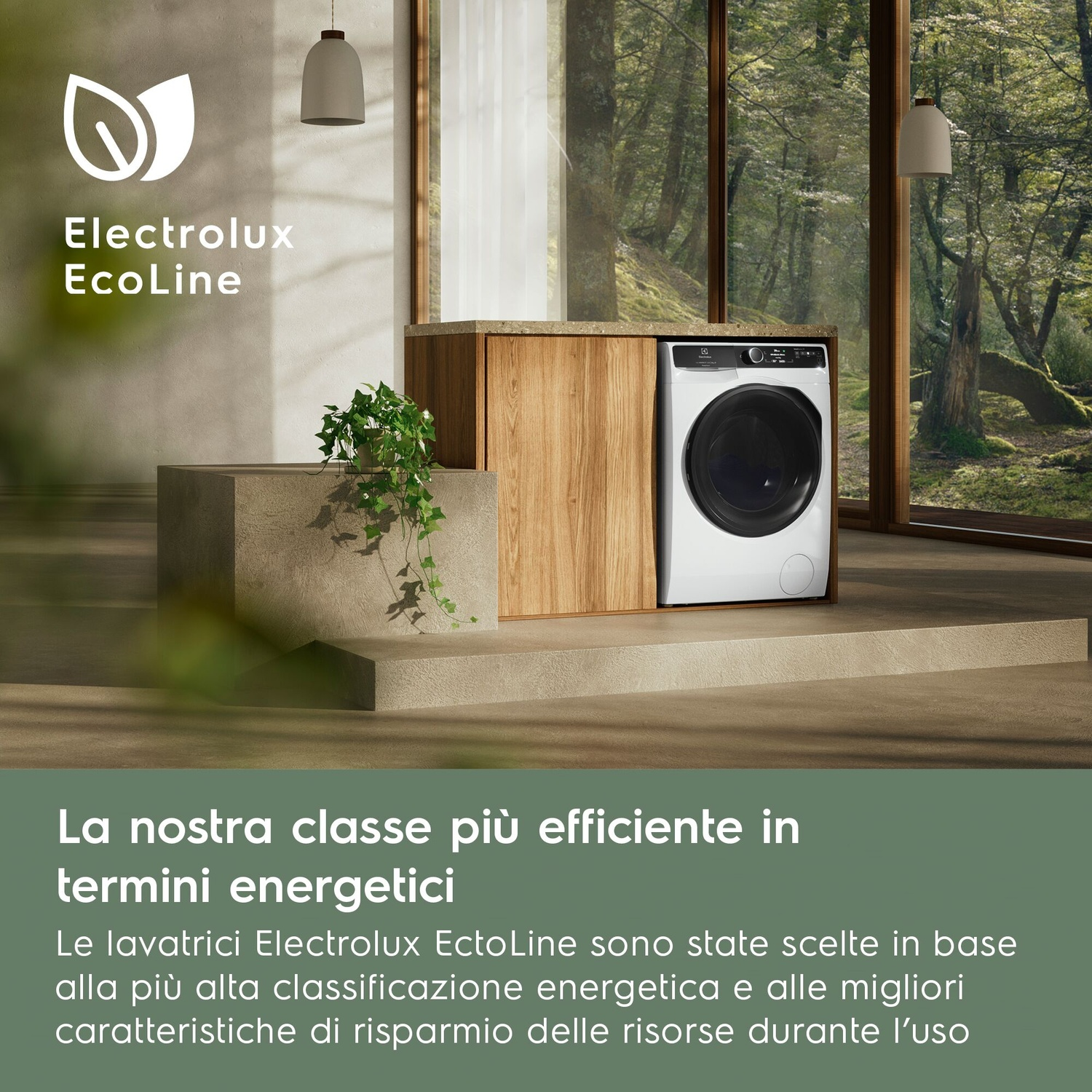Una lavatrice bianca accanto a mobili in legno, con vista sulla foresta.