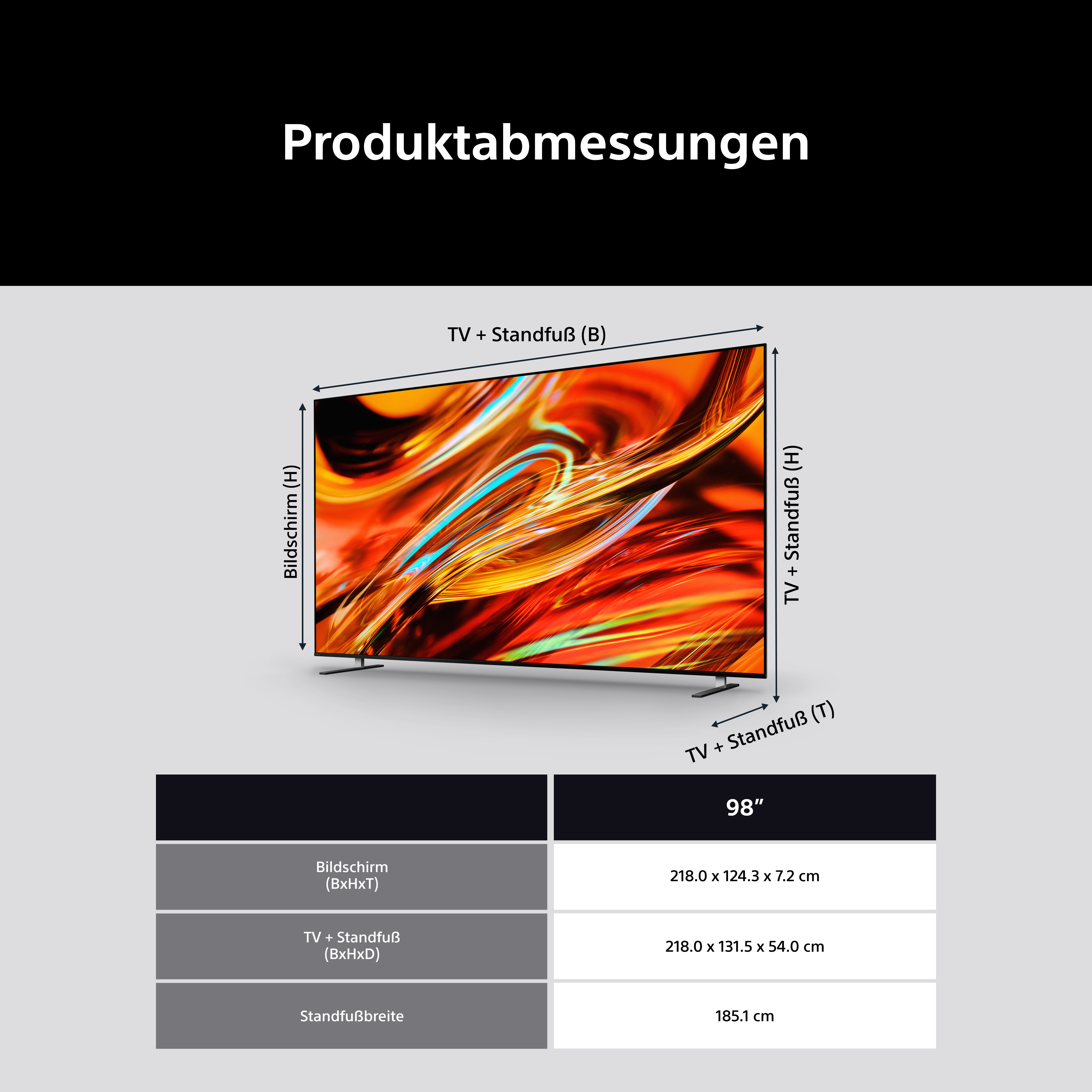 Abmessungen eines 98-Zoll-Fernsehers mit Standfuß und Bildschirm.