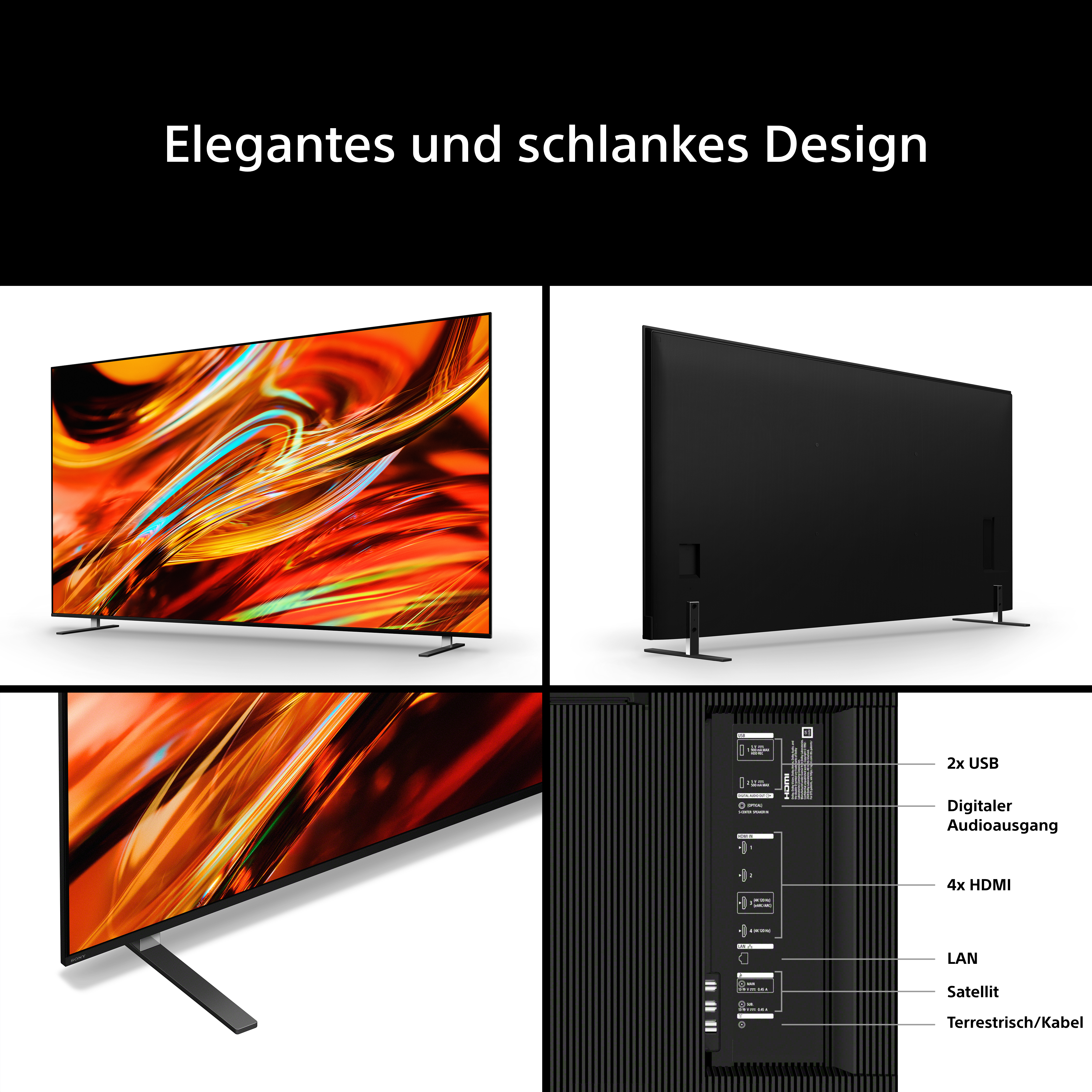 Ein moderner Fernseher mit lebendigem Bild und Anschlüssen auf der Rückseite.