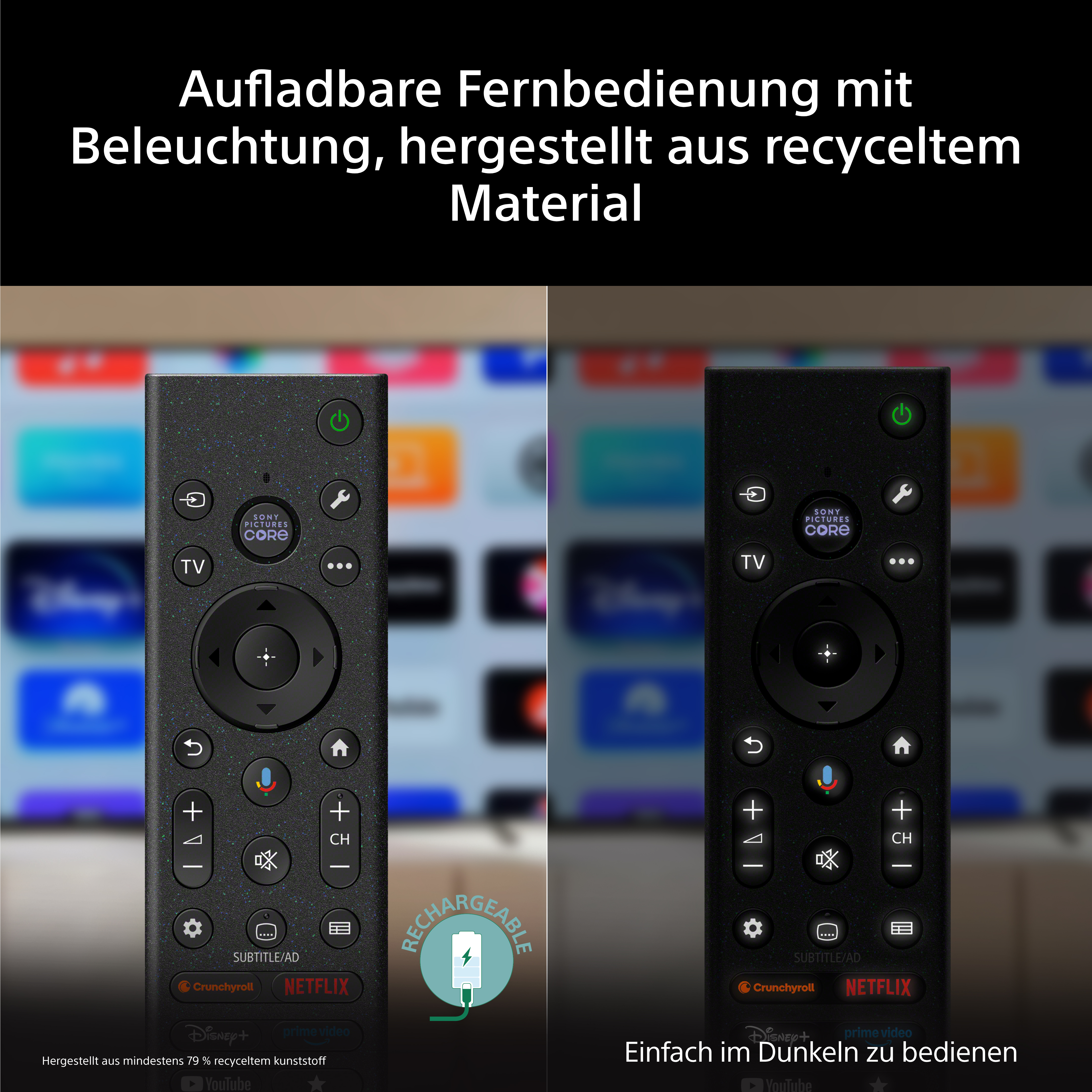 Schwarze Fernbedienung mit beleuchteten Tasten, Netflix-Logo, Disney+.