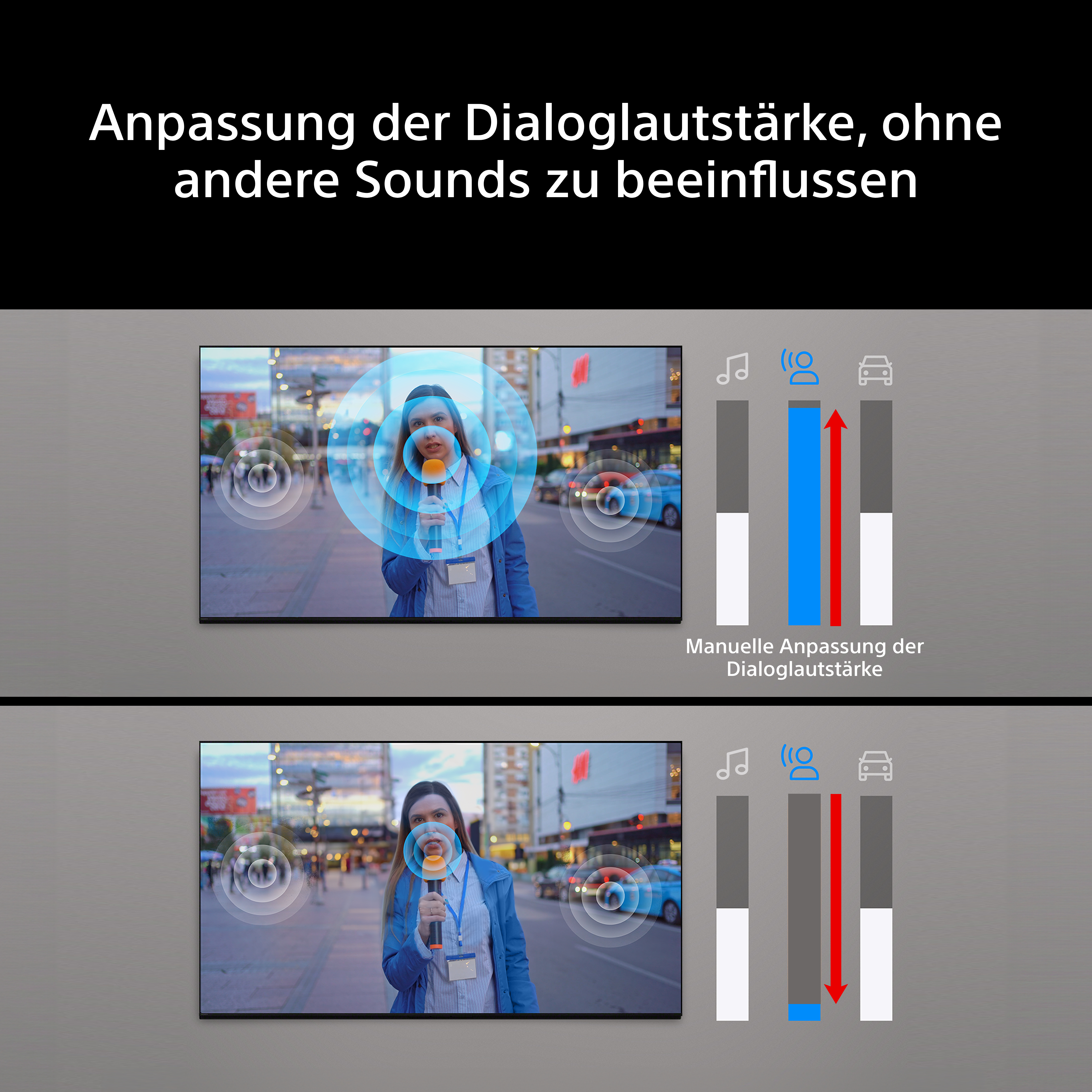 Bildschirm zeigt Lautstärkeregelung für Dialoge, Musik und Autos.