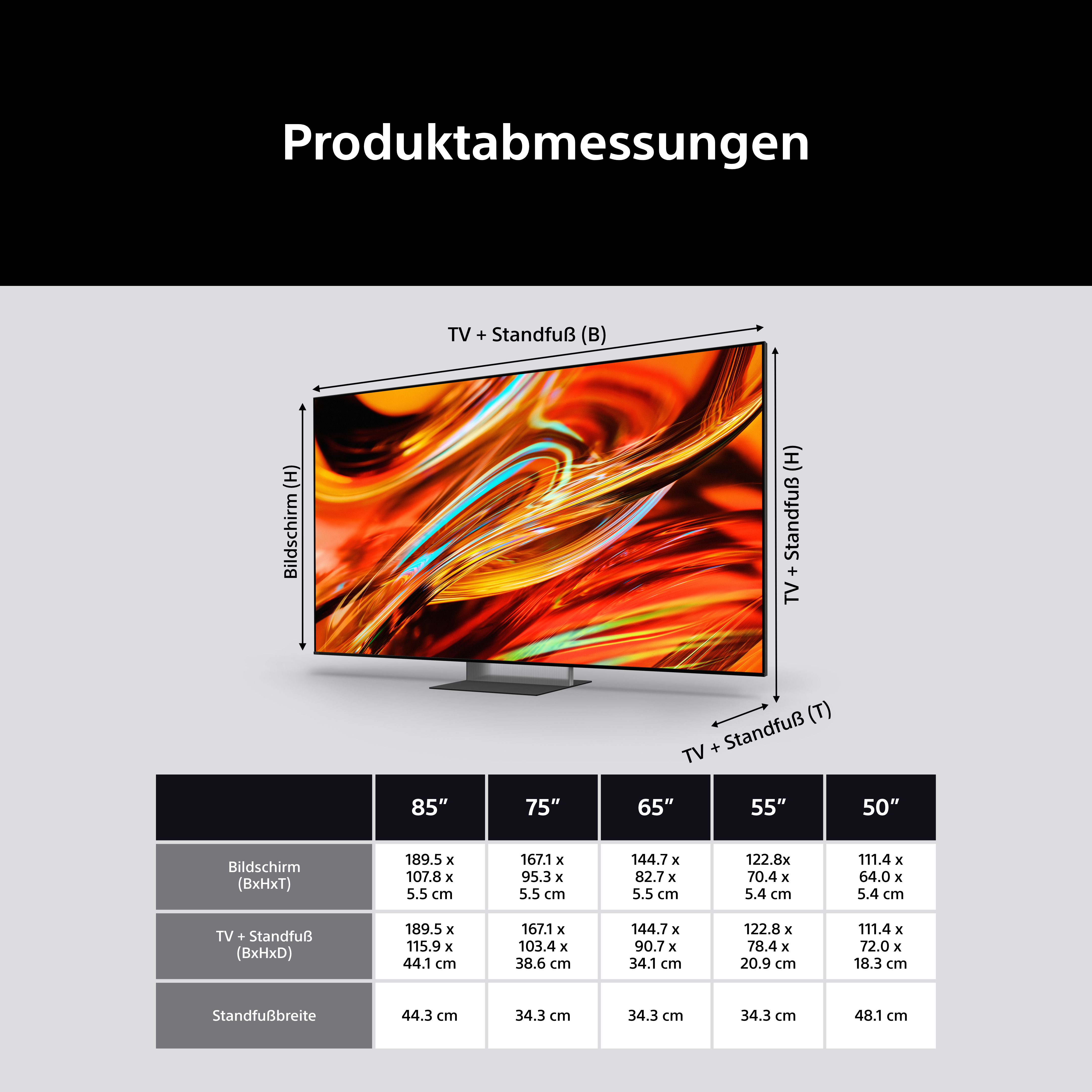 Produktabmessungen: Eine Tabelle mit TV-Größen und detaillierten Maßen.