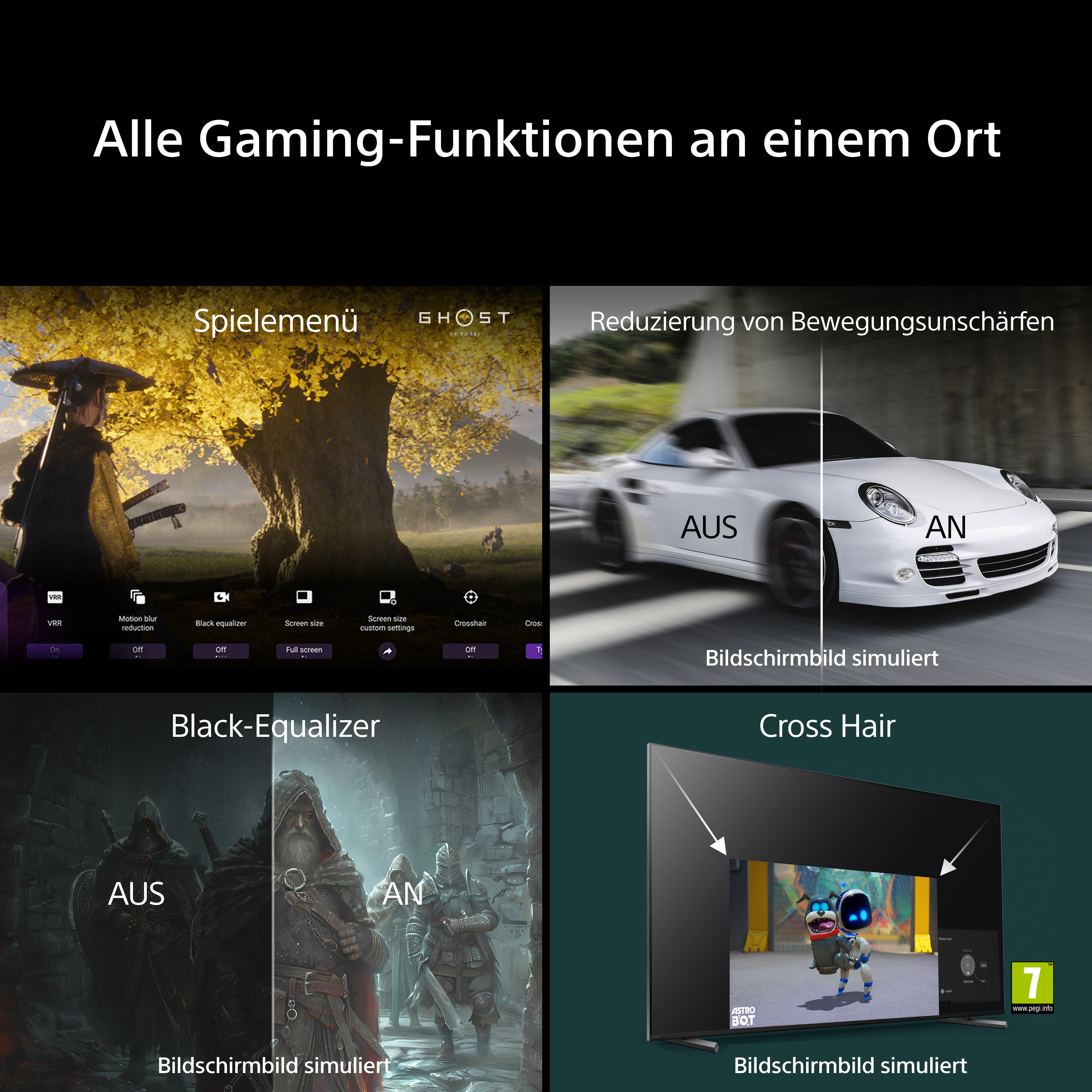 Vier Gaming-Funktionen: Spielmenü, Bewegungsunschärfe, Black Equalizer und Cross Hair.