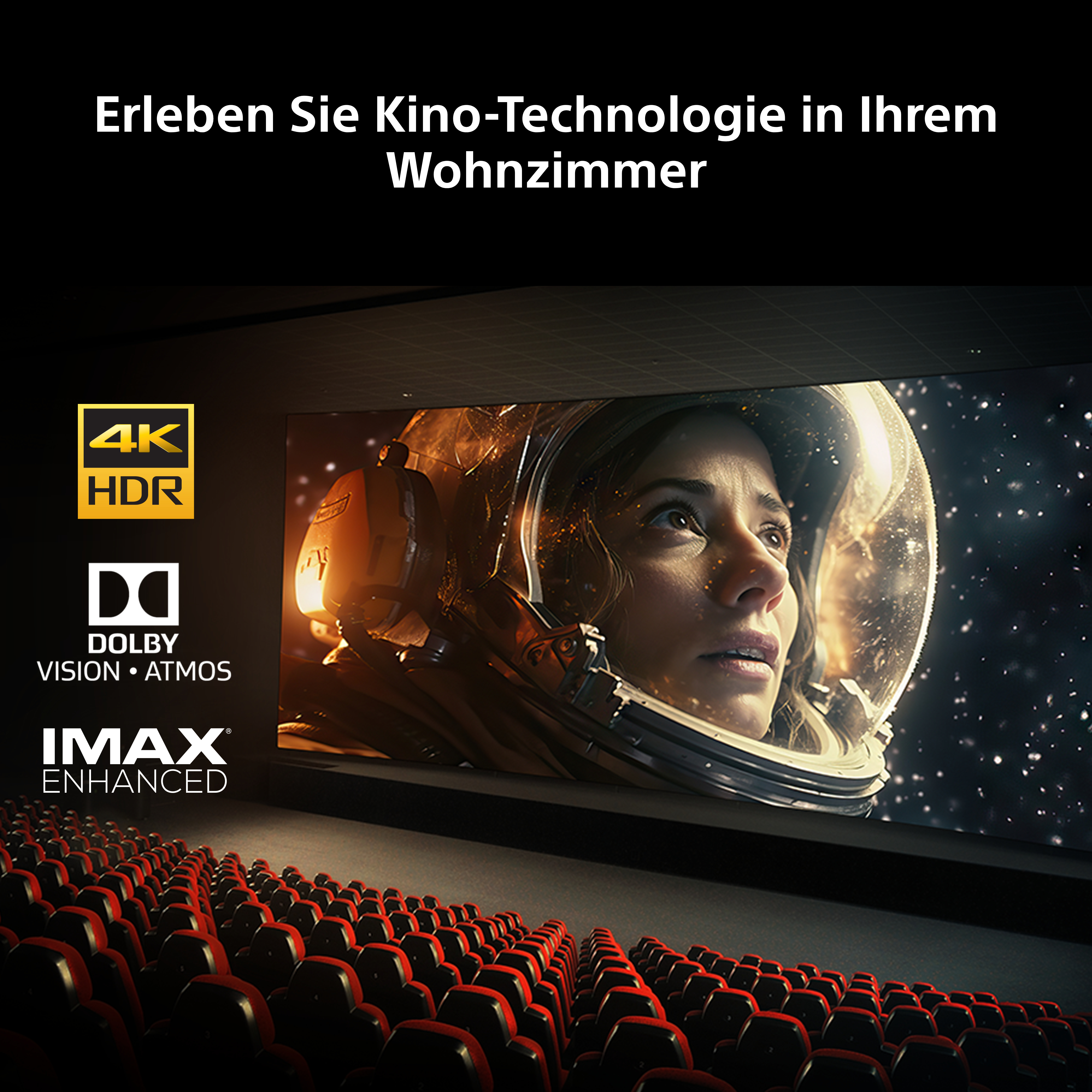 Kino im Wohnzimmer: Frau im Raumanzug vor 4K HDR, Dolby Vision, IMAX.
