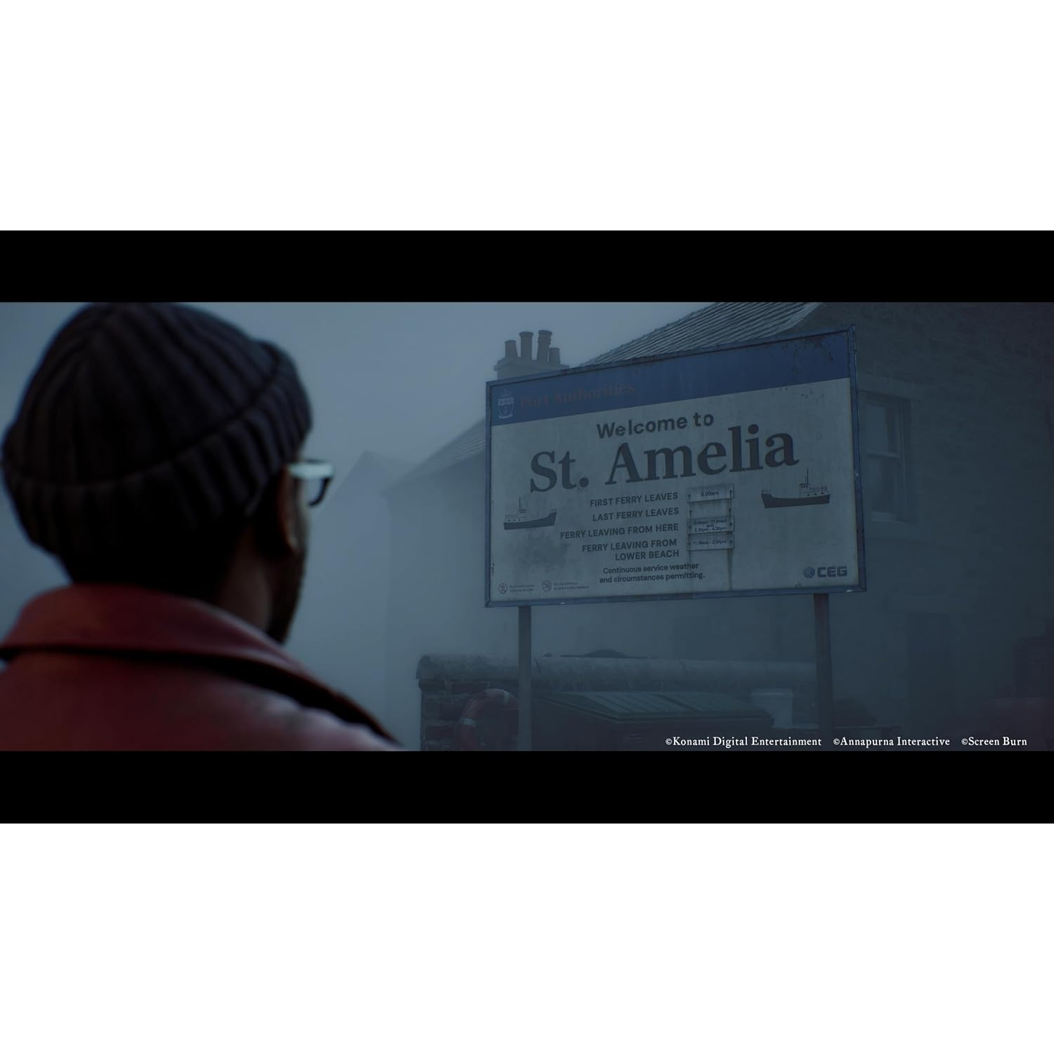Man in red jacket looks at sign that says Welcome to St. Amelia.