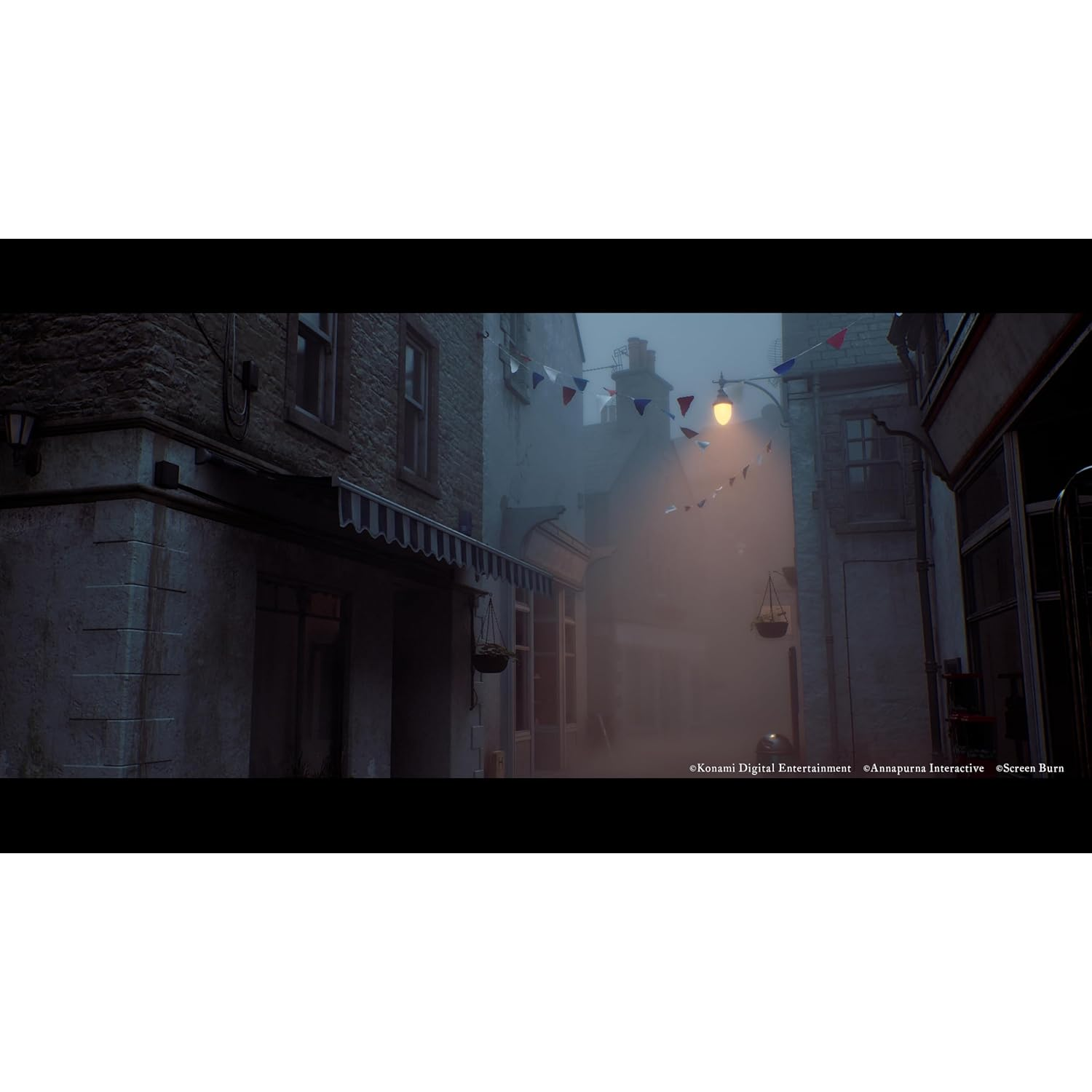 A foggy alley with stone buildings, lights, and bunting.