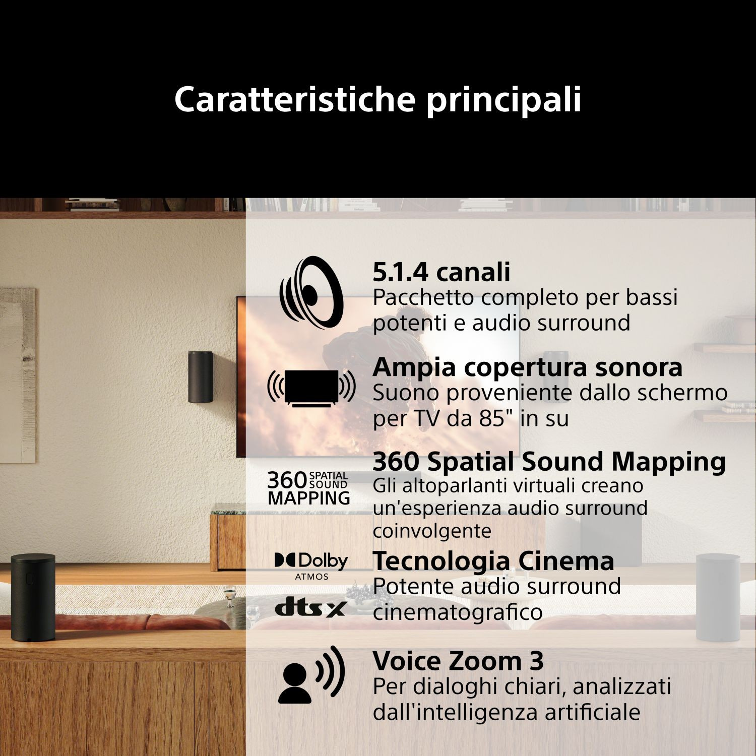 Sistema audio 5.1.4 canali, 360 Spatial Sound Mapping, Dolby Atmos, DTS:X e Voice Zoom 3.