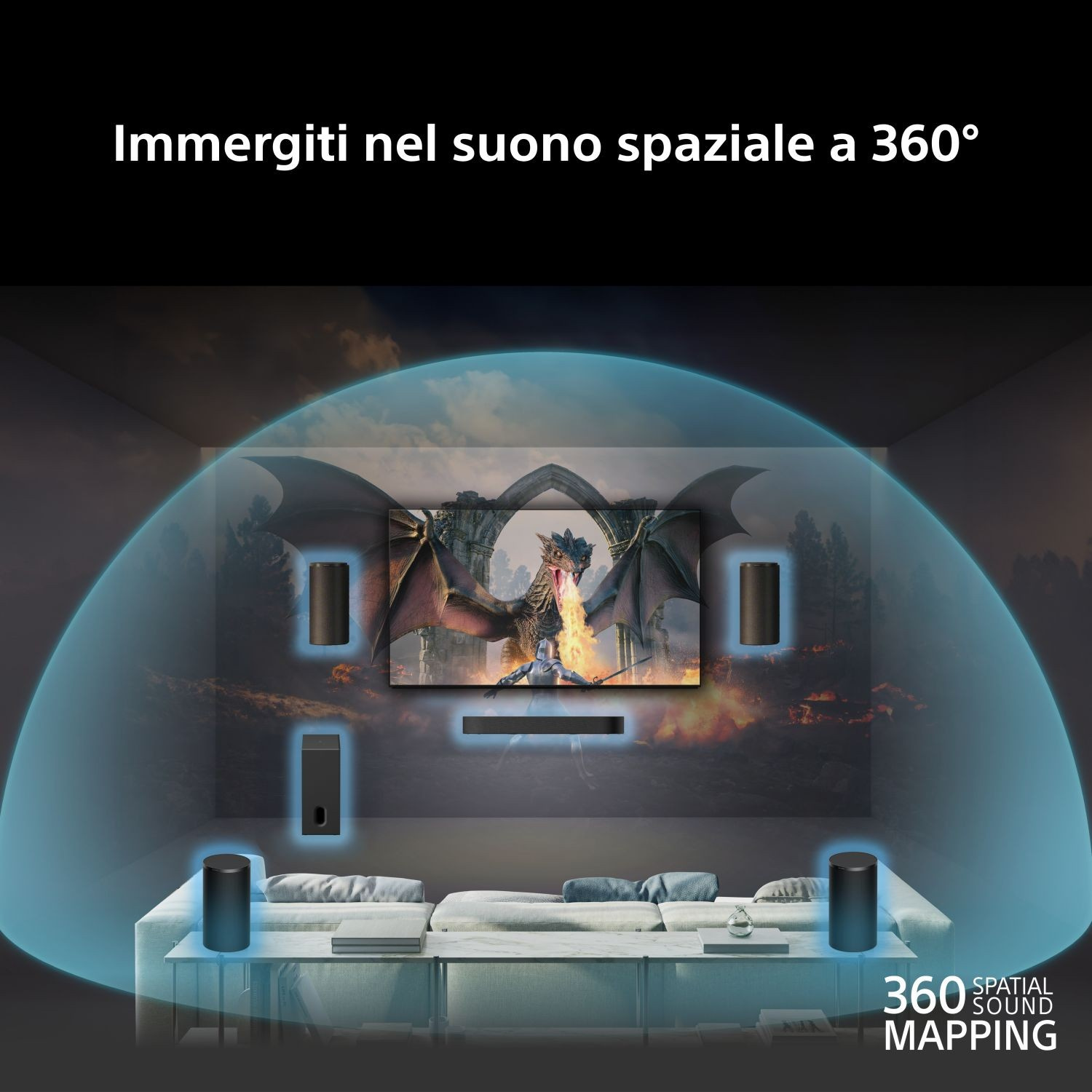 Un soggiorno con TV, altoparlanti e divano, che illustra il suono a 360 gradi.