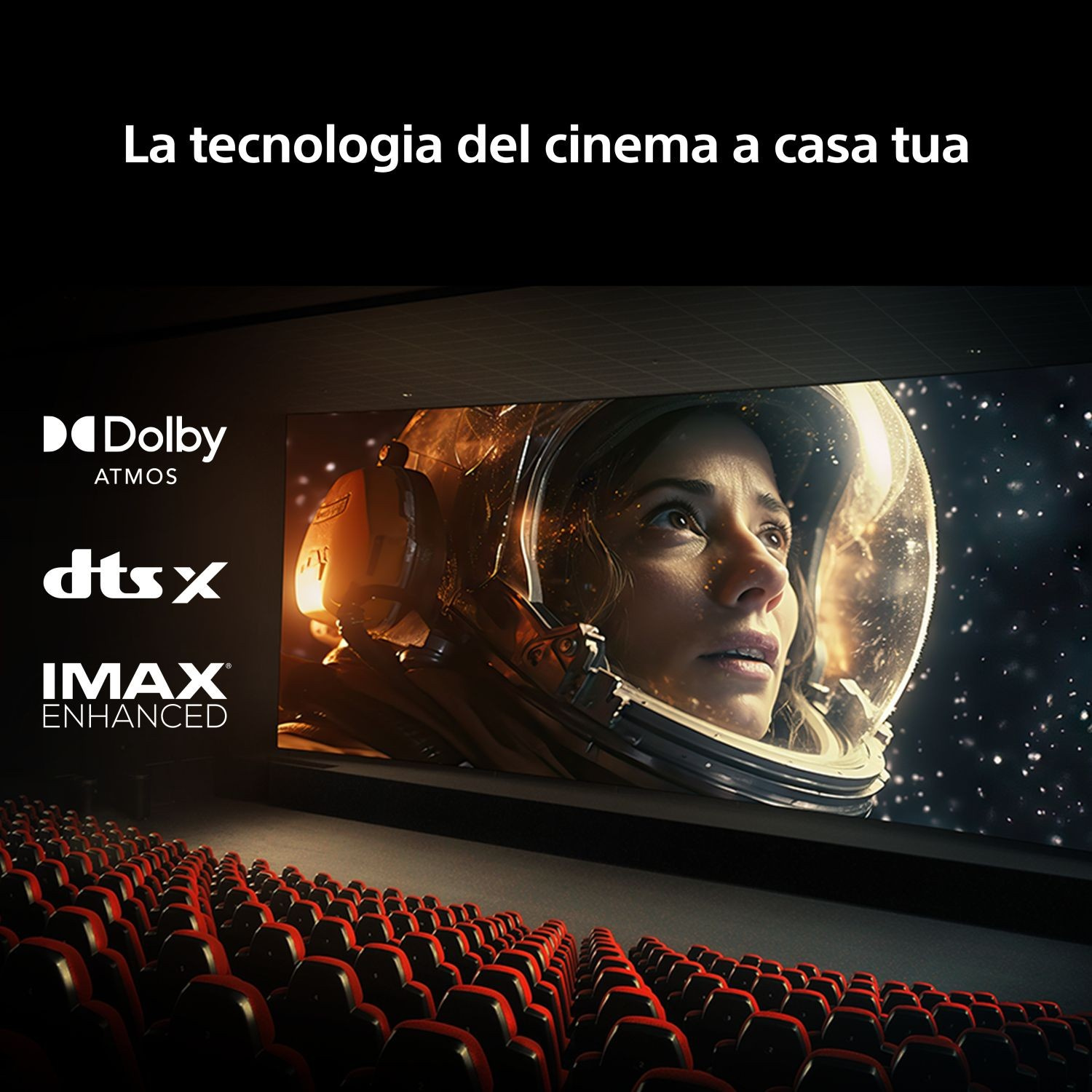 Home cinema: Donna con casco da astronauta su cielo stellato, Dolby Atmos, DTS:X, IMAX.