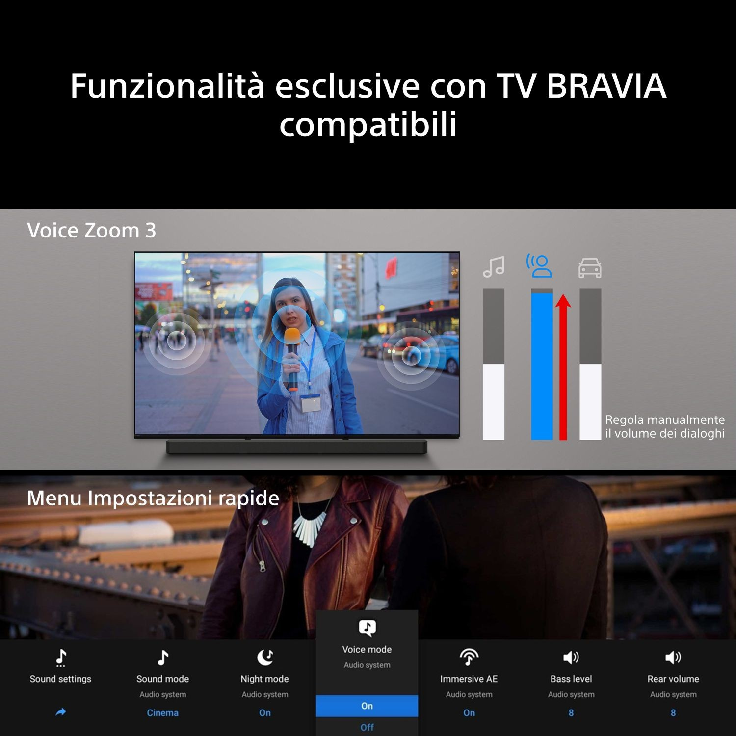 Menu TV con Voice Zoom 3, modalità audio e impostazioni.