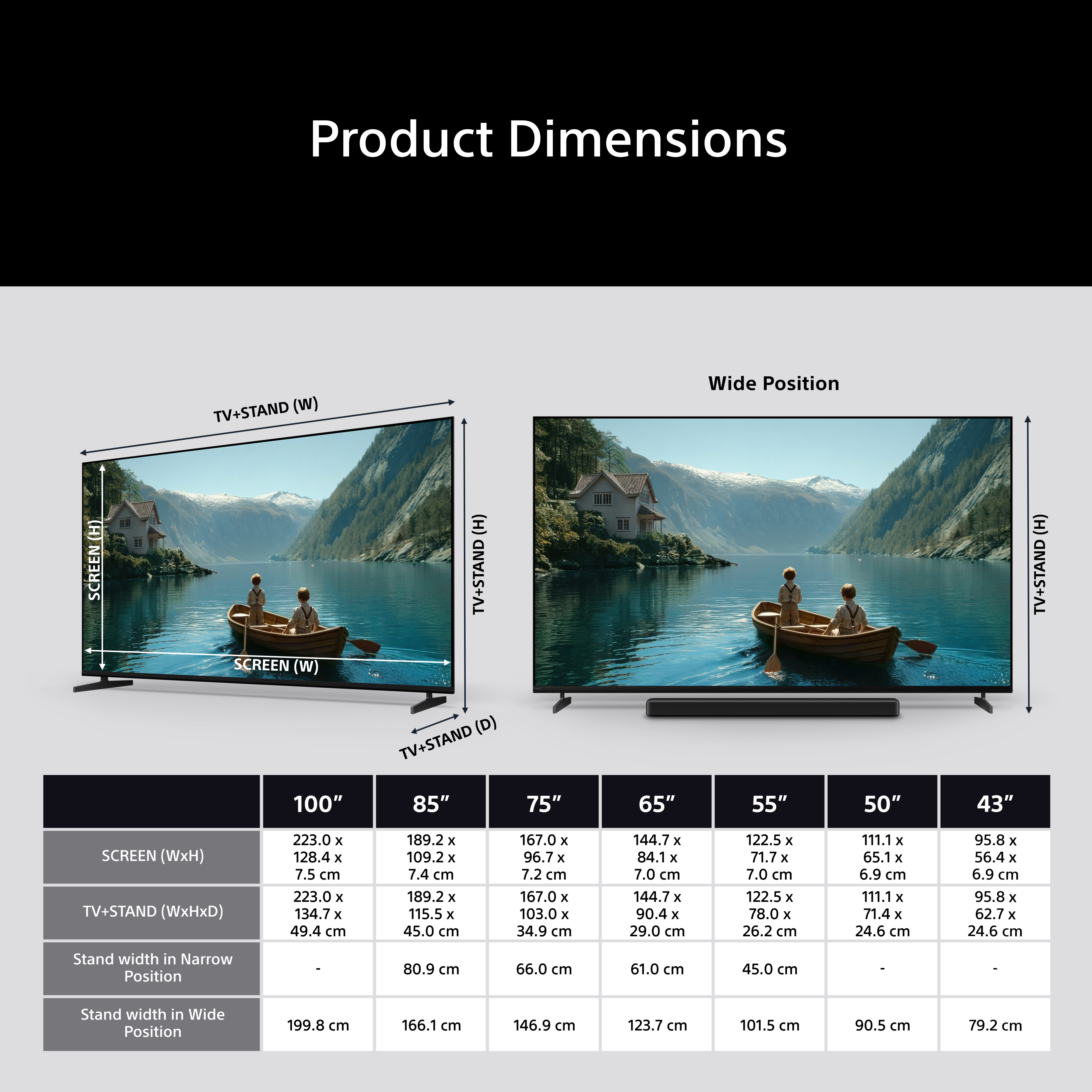 Dimensions du produit : tailles de téléviseur et mesures en cm avec et sans pied.
