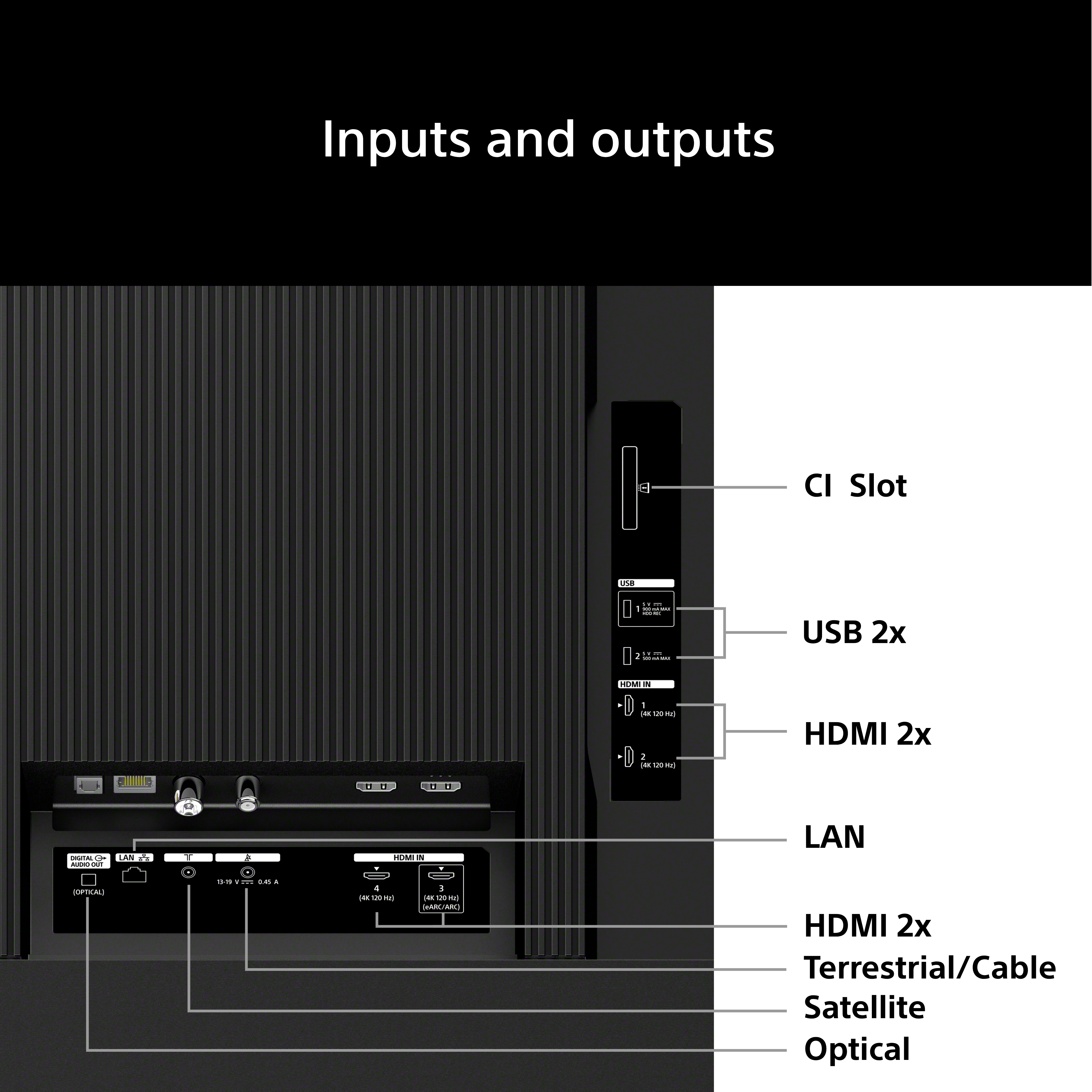 Ports: Emplacement CI, 2x USB, 2x HDMI, LAN, Terrestre/Câble, Satellite, Optique.