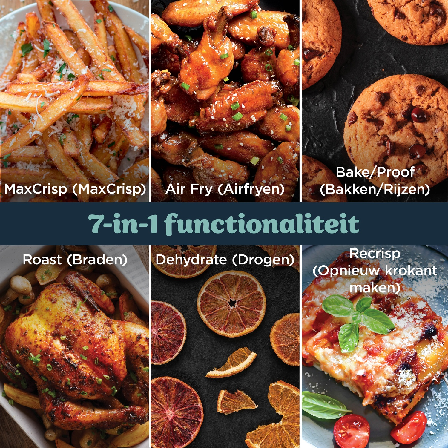 Collage de 6 images de nourriture : frites, ailes de poulet, biscuits, poulet rôti, oranges séchées et pizza.