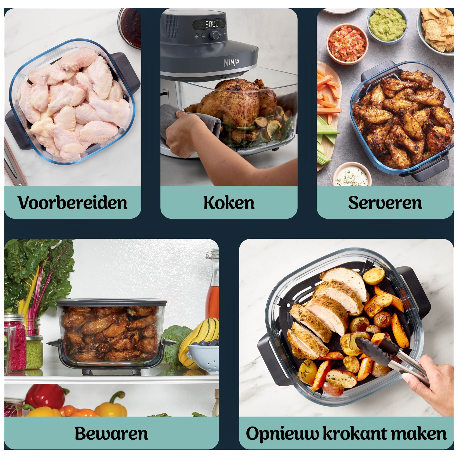 Ailes de poulet crues, un poulet rôti, des ailes à servir, des ailes stockées et des ailes réchauffées.